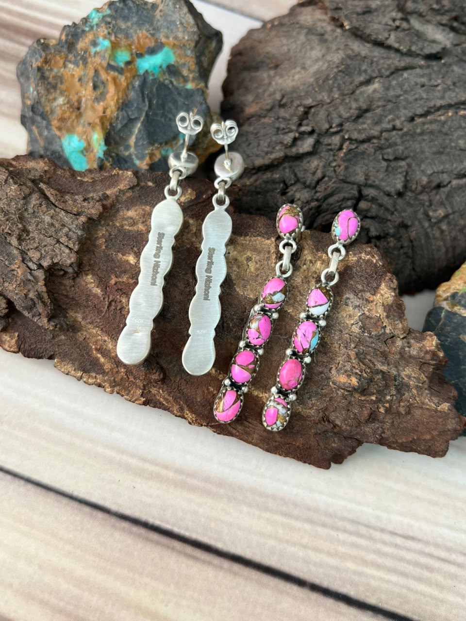 Handmade Sterling Silver Kingman Turquoise with Cotton Candy Post Dangle Earrings Signed Nizhoni