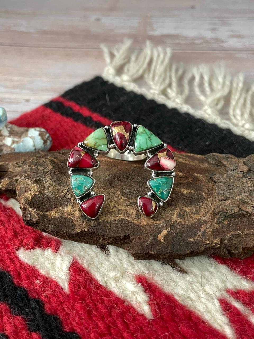 Handmade Sterling Silver Dahlia Rose With Emerald Valley Turquoise Ring "Signed Nizhoni"