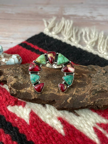 Handmade Sterling Silver Dahlia Rose With Emerald Valley Turquoise Ring "Signed Nizhoni"