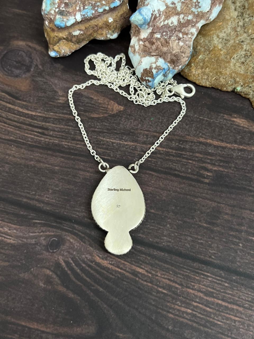 Handmade Sterling Silver Royston Turquoise with Orange Mojave Necklace, Signed Nizhoni