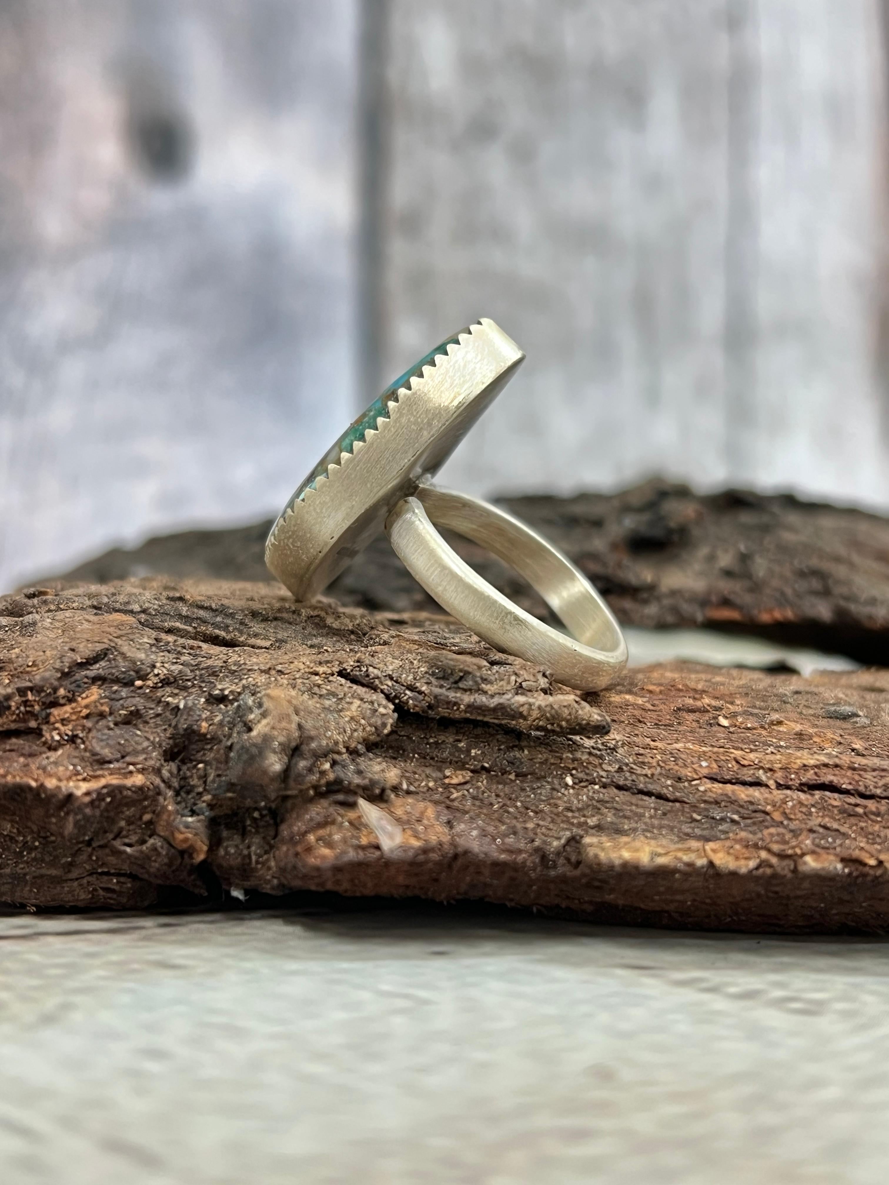 Handmade Sterling Silver Royston Turquoise Adjustable Ring with Signed Nizhoni