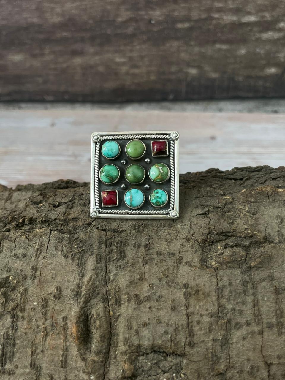 Handmade Sterling Silver Dahlia Rose With Emerald Valley Turquoise Ring "Signed Nizhoni"