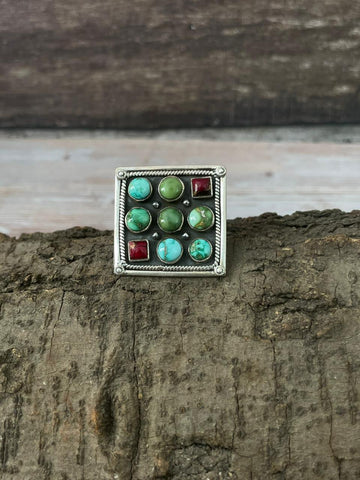 Handmade Sterling Silver Dahlia Rose With Emerald Valley Turquoise Ring "Signed Nizhoni"