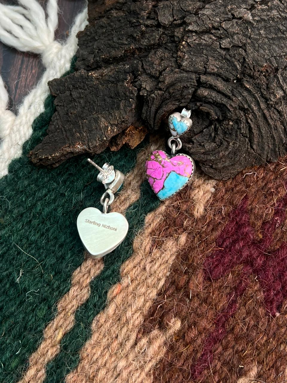 "Heart Collection" Handmade Sterling Silver Cotton Candy Post Dangle Earrings "Signed Nizhoni"
