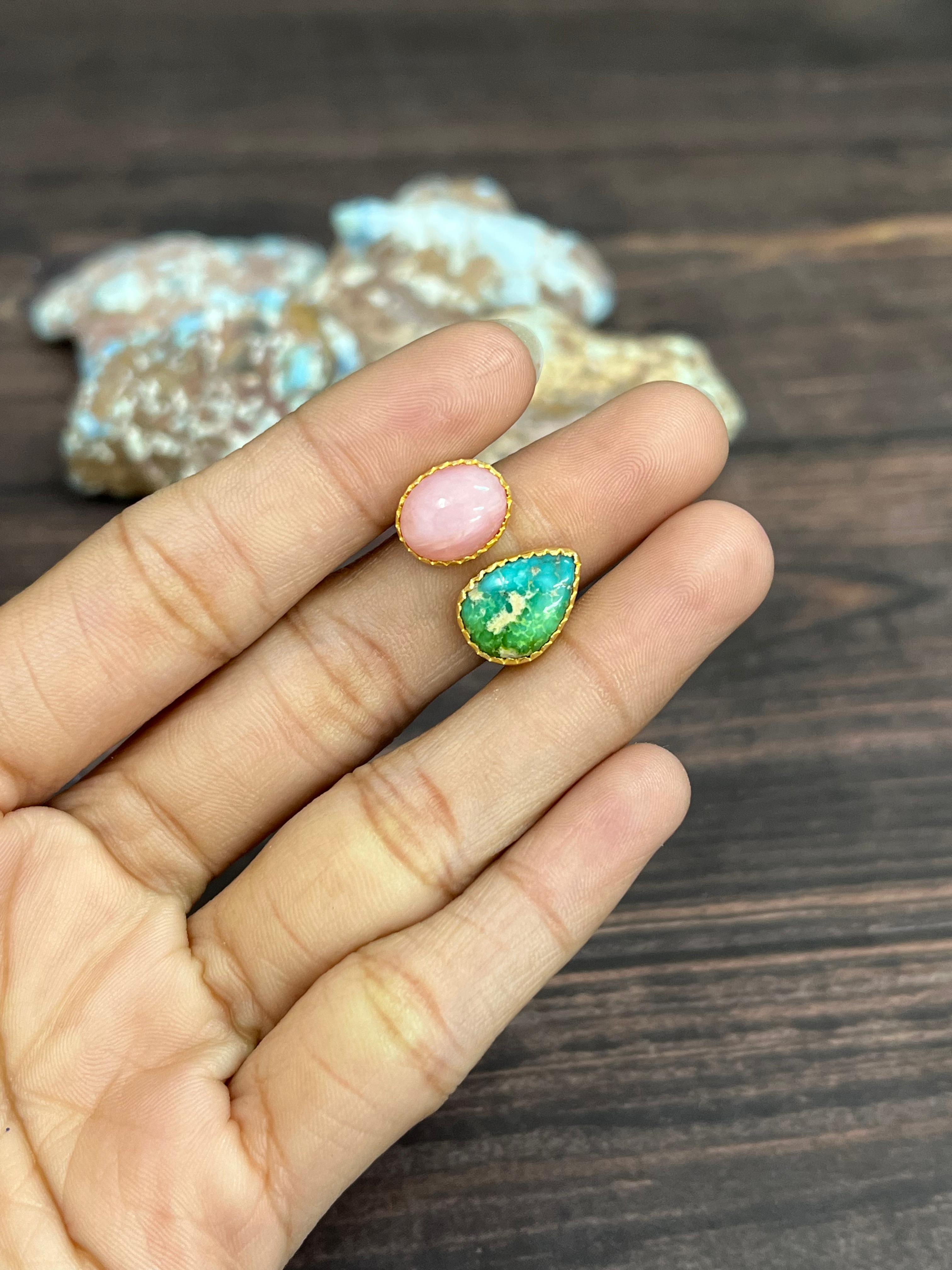 “The Golden Collection” Natural Sonoran Turquoise & Pink Opal Adjustable Ring