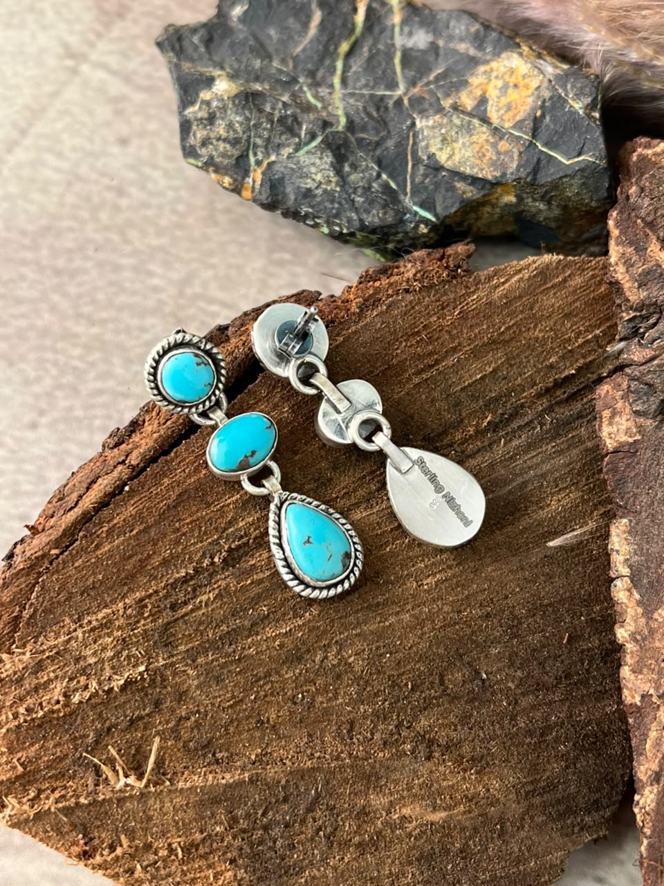 Handmade Sterling Silver Egyptian Turquoise Post Dangle Earrings Signed Nizhoni