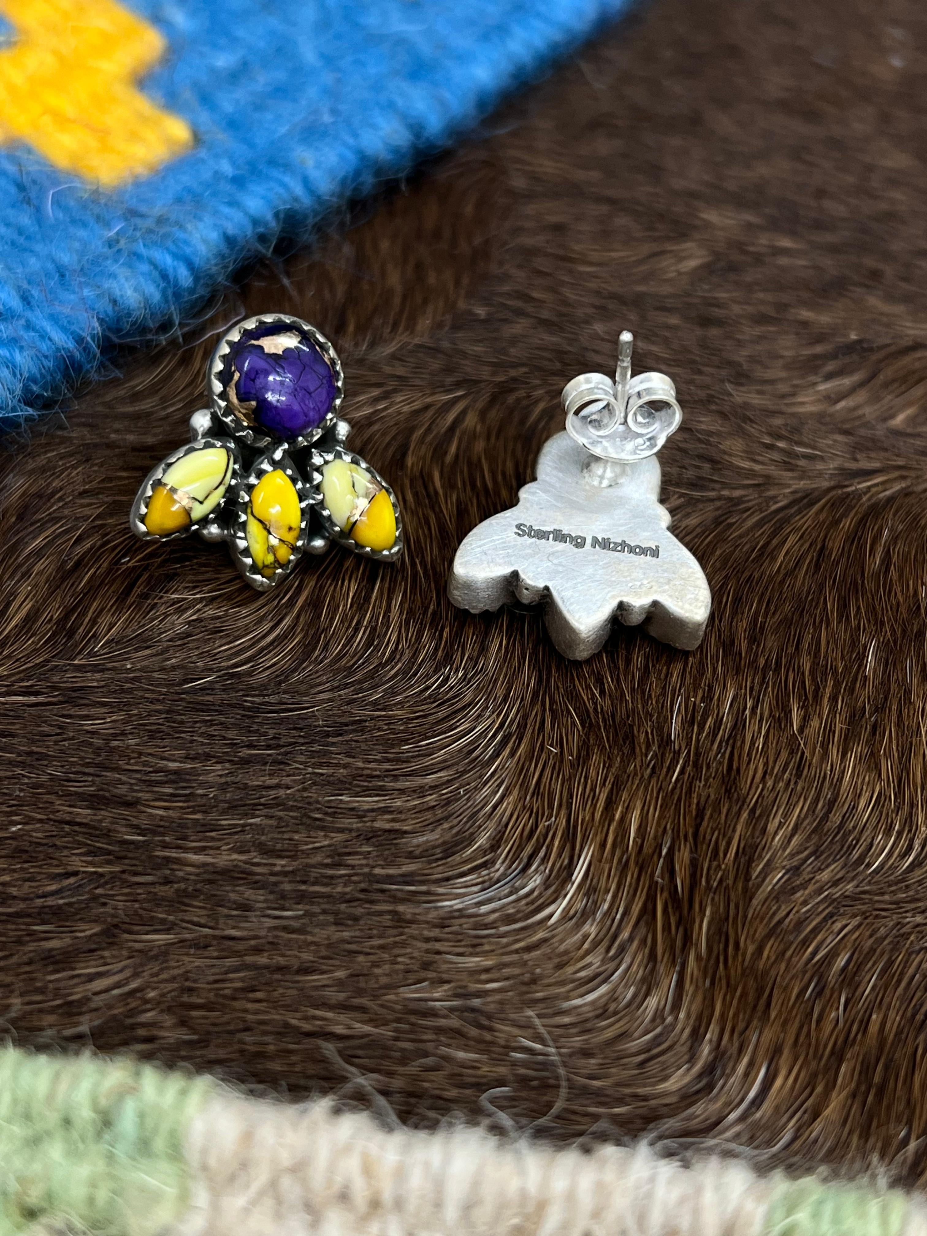 Handmade Sterling Silver Grape Dahlia With Honey Dahlia Post Studs with Signed Nizhoni