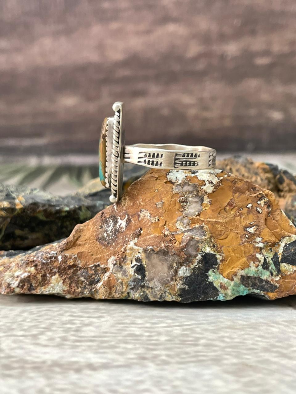 Handmade Sterling Silver Royston Ribbon Turquoise Adjustable Ring "Signed Nizhoni"