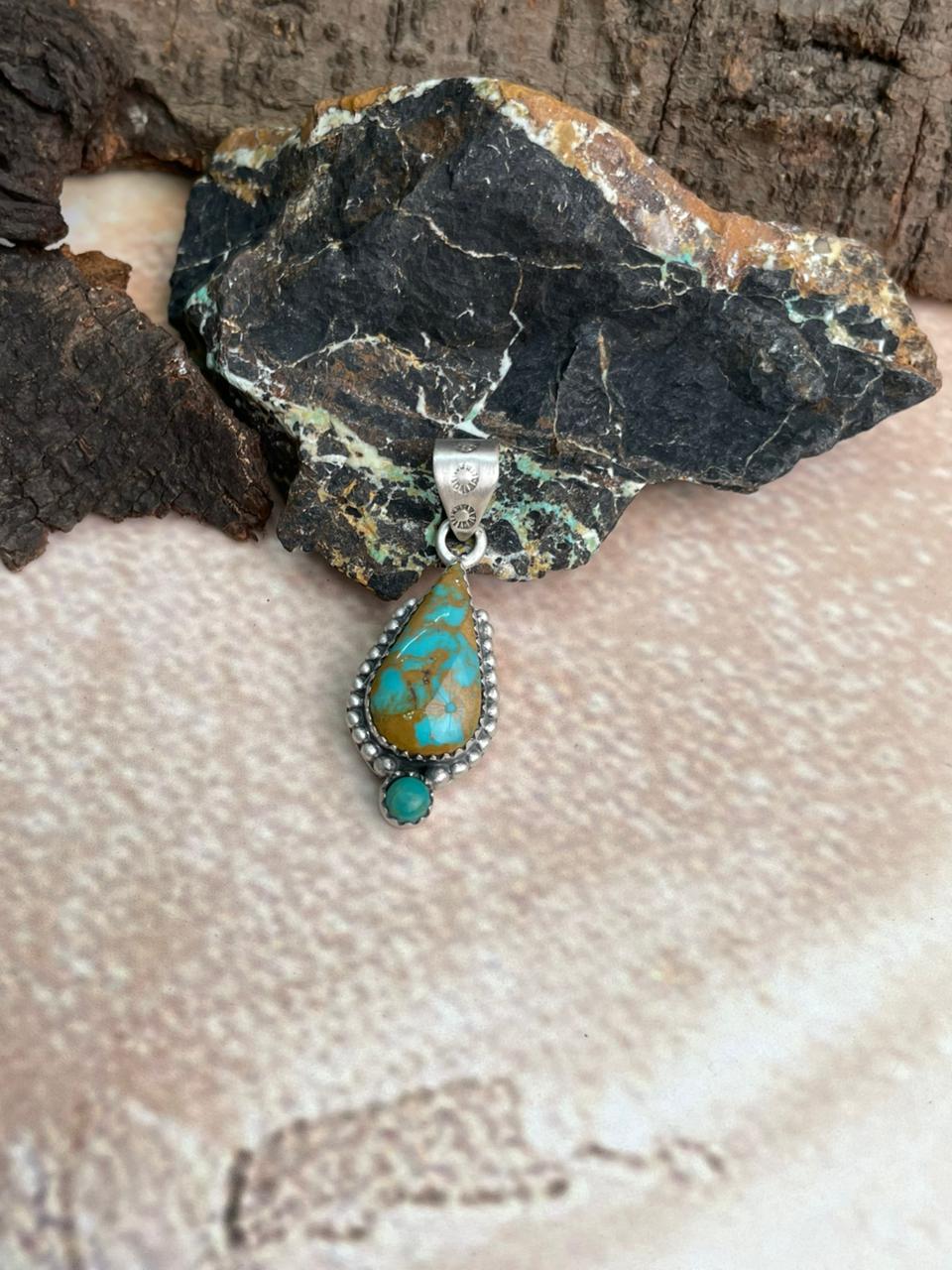 Added Handmade Sterling Silver Royston with Kingman Turquoise Pendant "Signed Nizhoni"