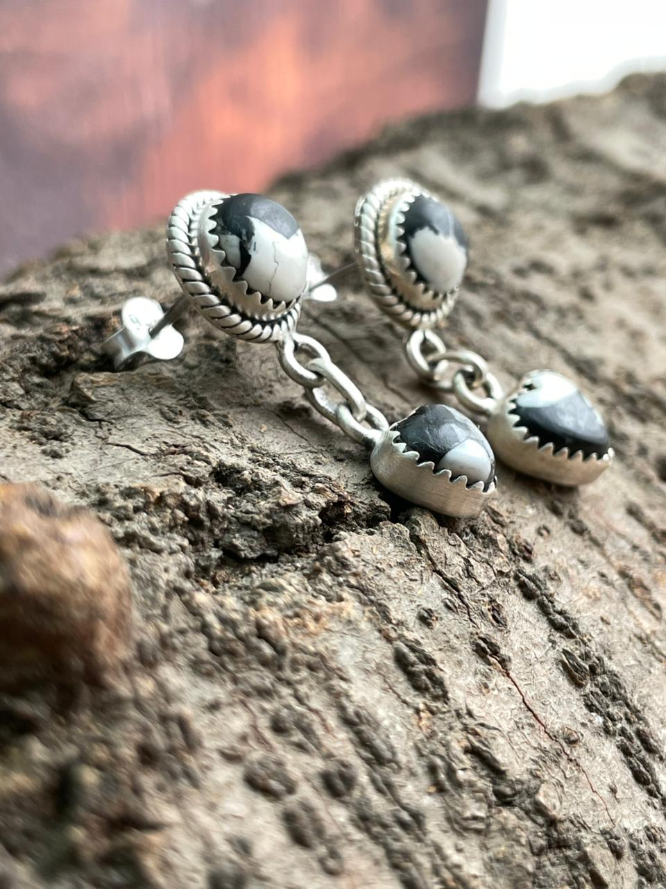 Handmade Sterling Silver White Buffalo Post Dangle Earrings "Signed Nizhoni"