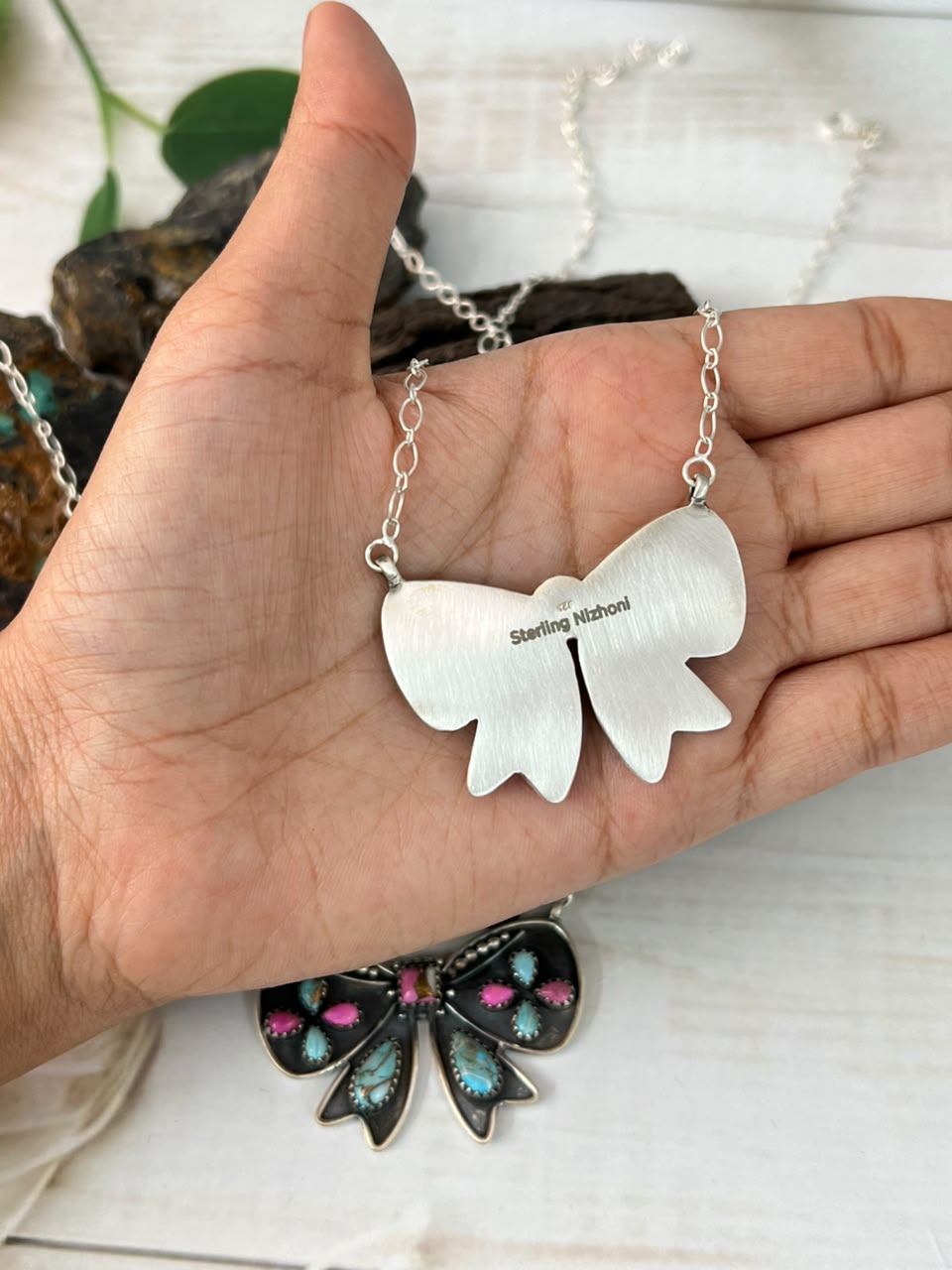 Handmade Sterling Silver Kingman Turquoise and Cotton Candy Bow Necklace Signed Nizhoni