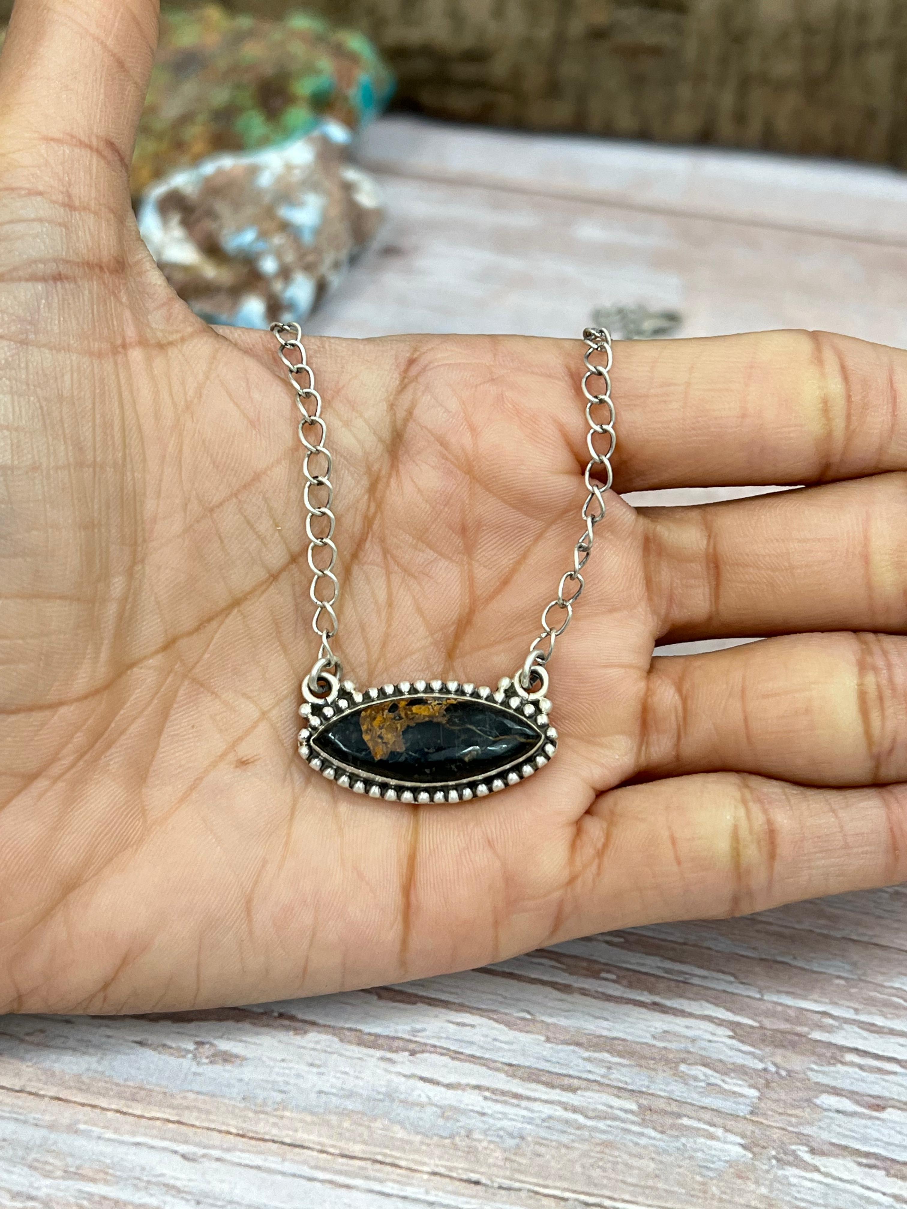 Handmade Sterling Silver Black Jack Necklace with Signed Nizhoni