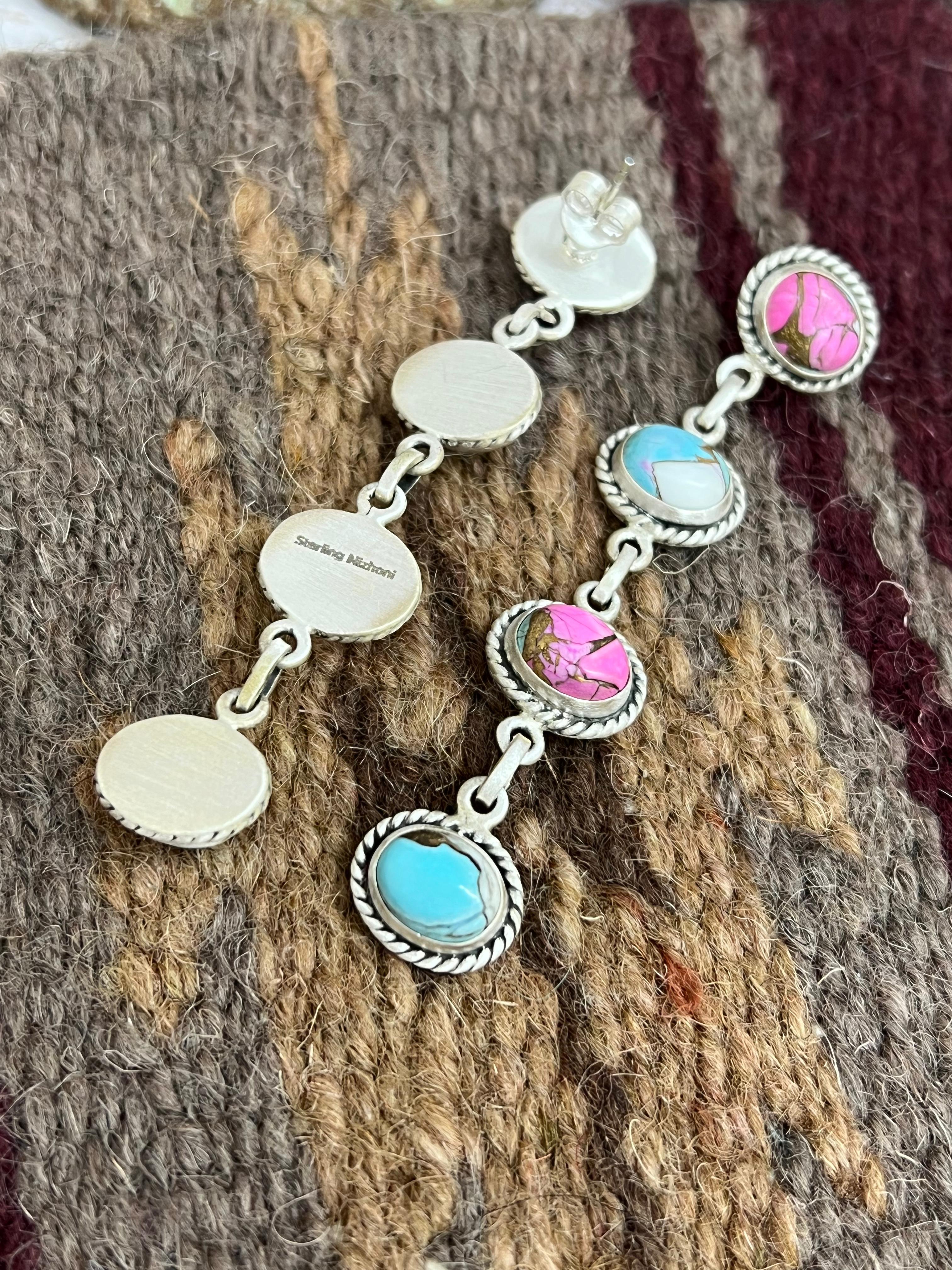 Handmade Sterling Silver Cotton Candy Turquoise Post Dangle Earrings with Signed Nizhoni