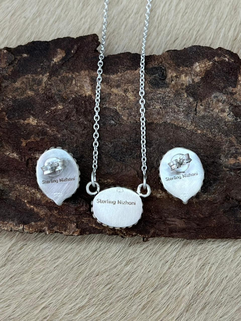 Handmade Sterling Silver White Buffalo Necklace Earrings Set "Signed Nizhoni"