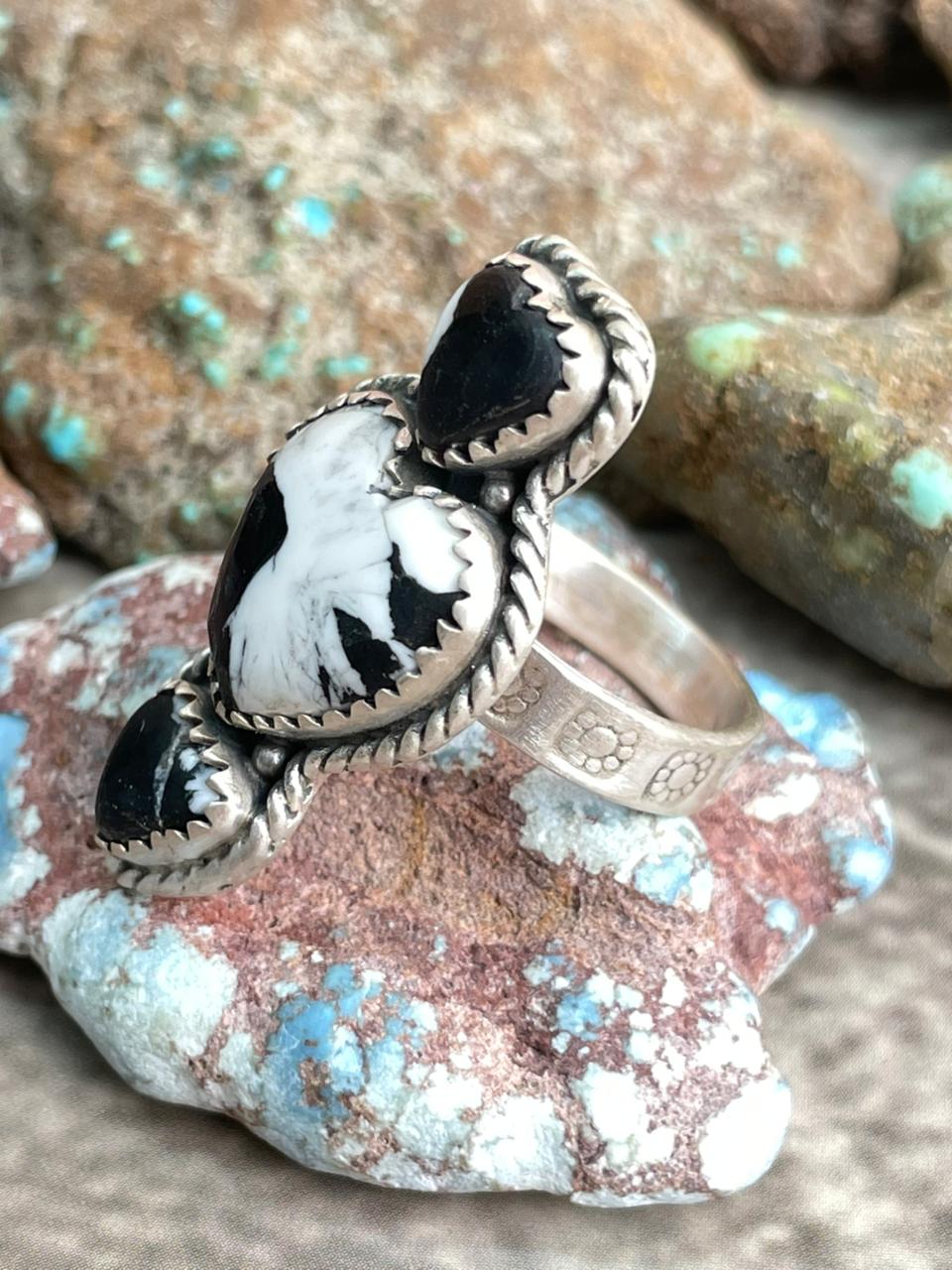 Handmade Sterling Silver White Buffalo Heart Shape Adjustable Ring with Signed Nizhoni