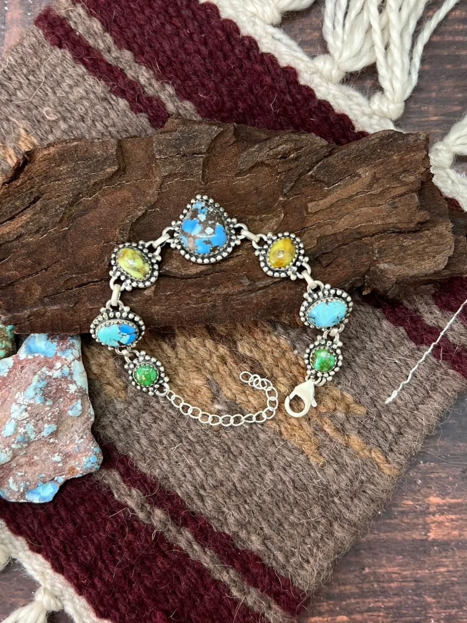 Handmade Sterling Silver Palomino with Golden Hills and Sonoran Turquoise Chain Bracelet "Signed Nizhoni"