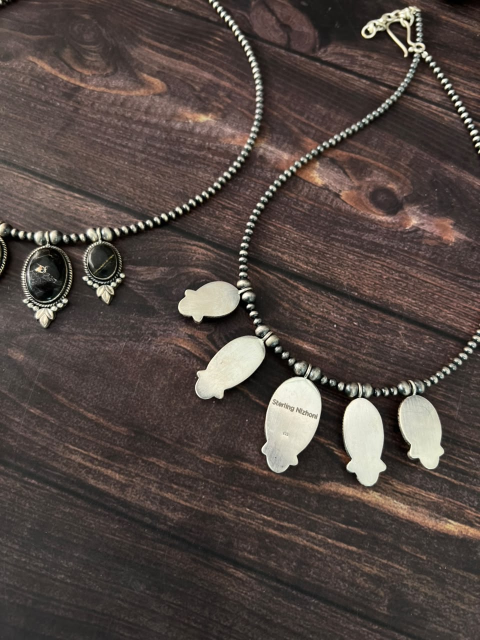 Handmade Sterling Silver Blackjack Turquoise Collection: Beaded Necklace Signed Nizhoni