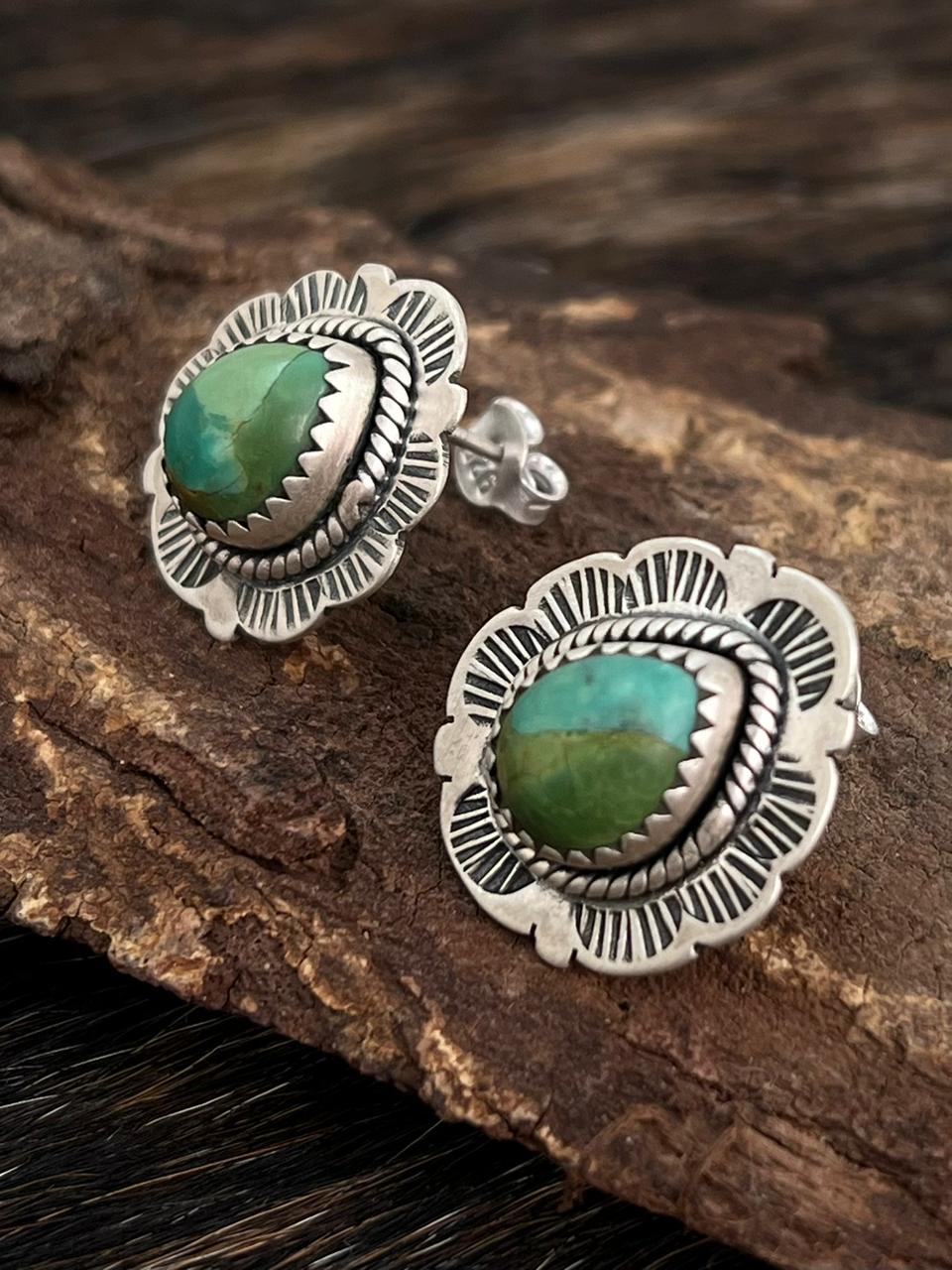 Handmade Sterling Silver Kingman Turquoise Post Studs Earrings "Signed Nizhoni"