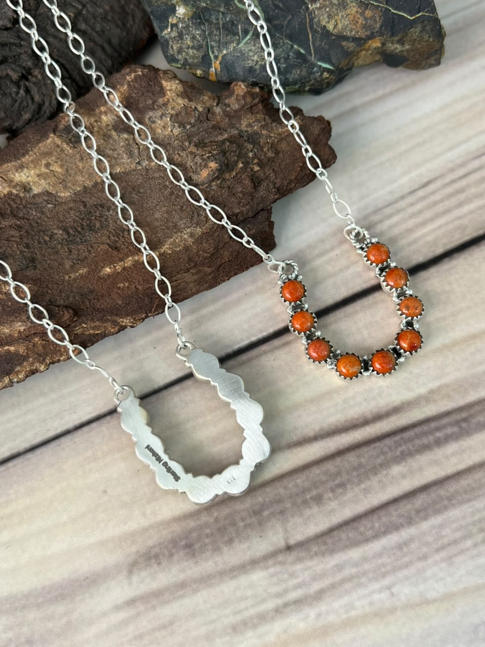 Handmade Sterling Silver Kingman Turquoise with Orange Mojave Necklace Signed Nizhoni