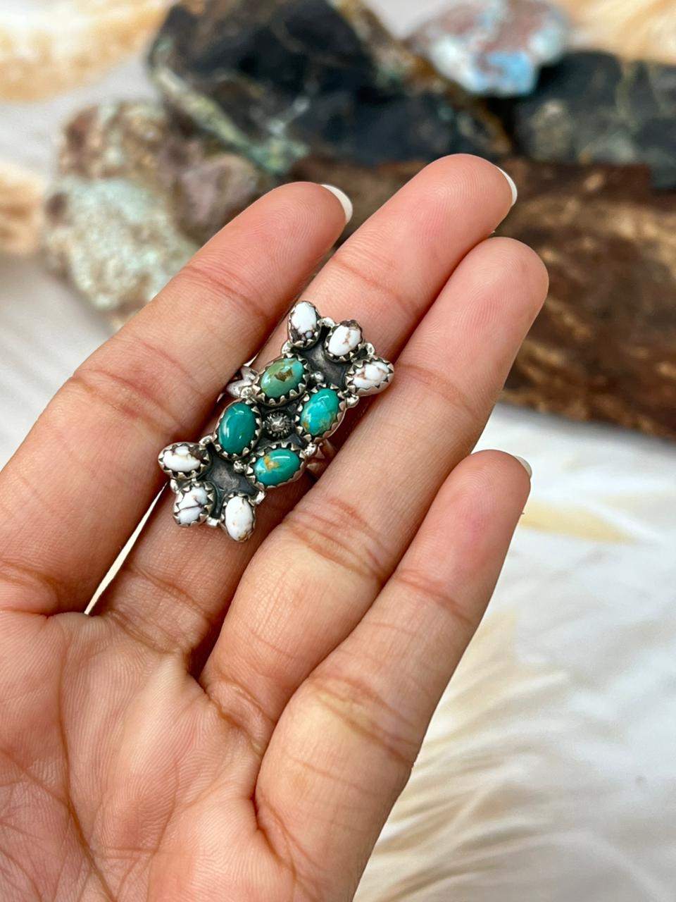 Handmade Sterling Silver Kingman with Wild Horse Magnesite Adjustable Ring "Signed Nizhoni"