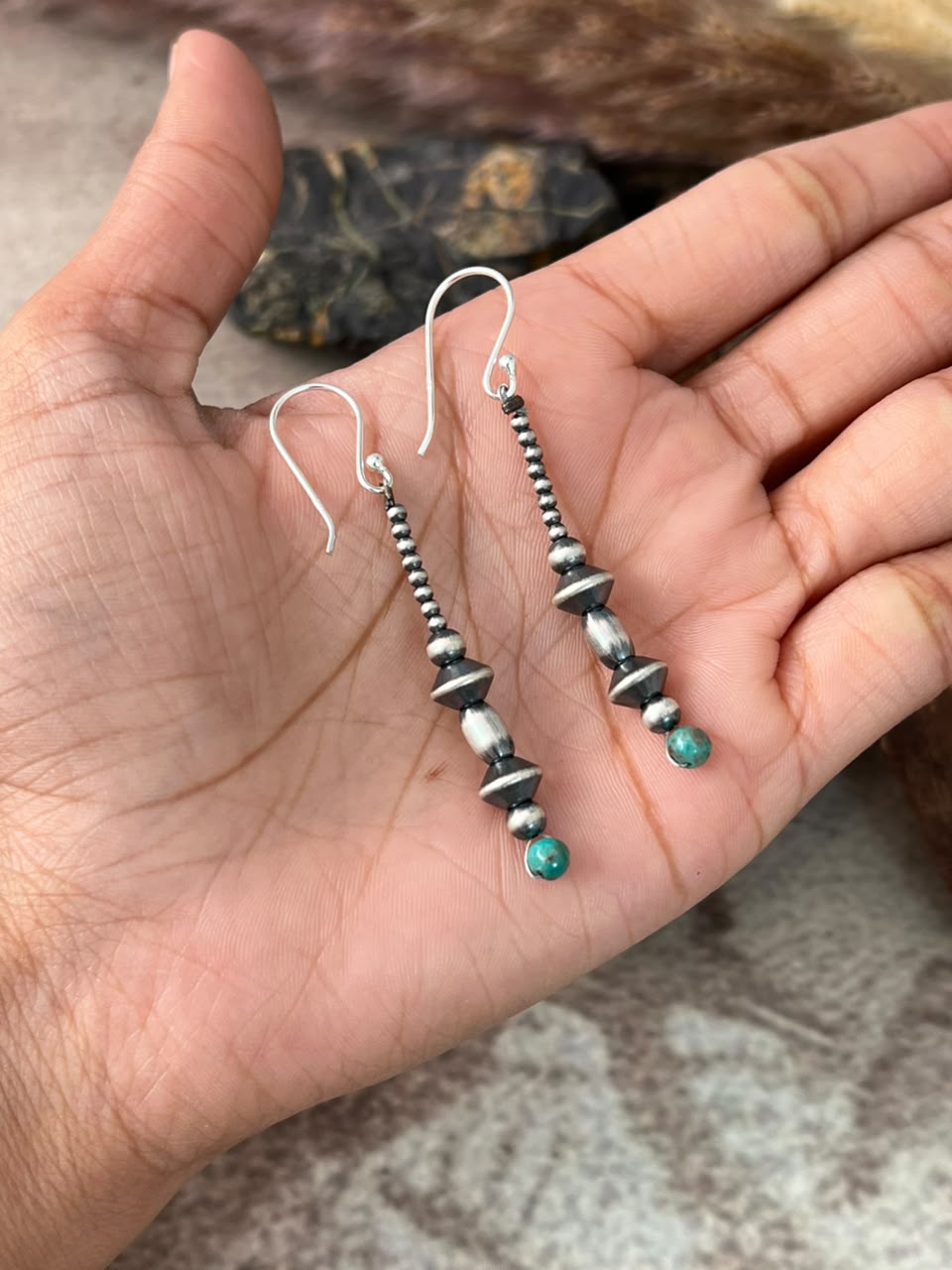 Handmade Sterling Silver Kingman Turquoise Hook Dangle Beaded Earrings