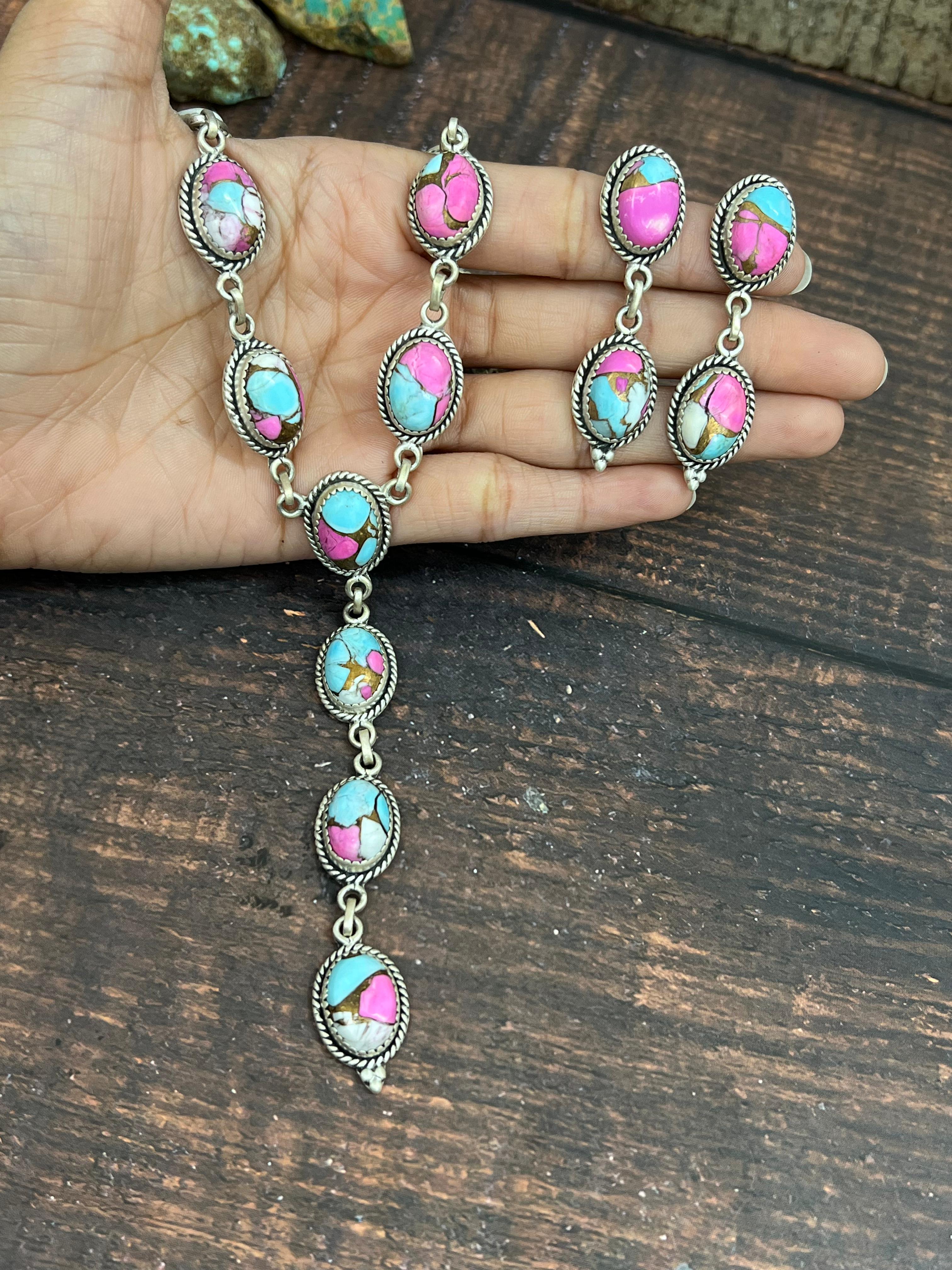 Handmade Sterling Silver Cotton Candy Turquoise Necklace Earrings Set with Signed Nizhoni