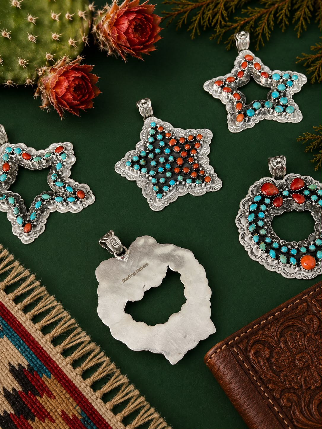 Handmade Sterling Silver Kingman Turquoise with Coral Christmas Ornaments Collection: Pendant Signed Nizhoni