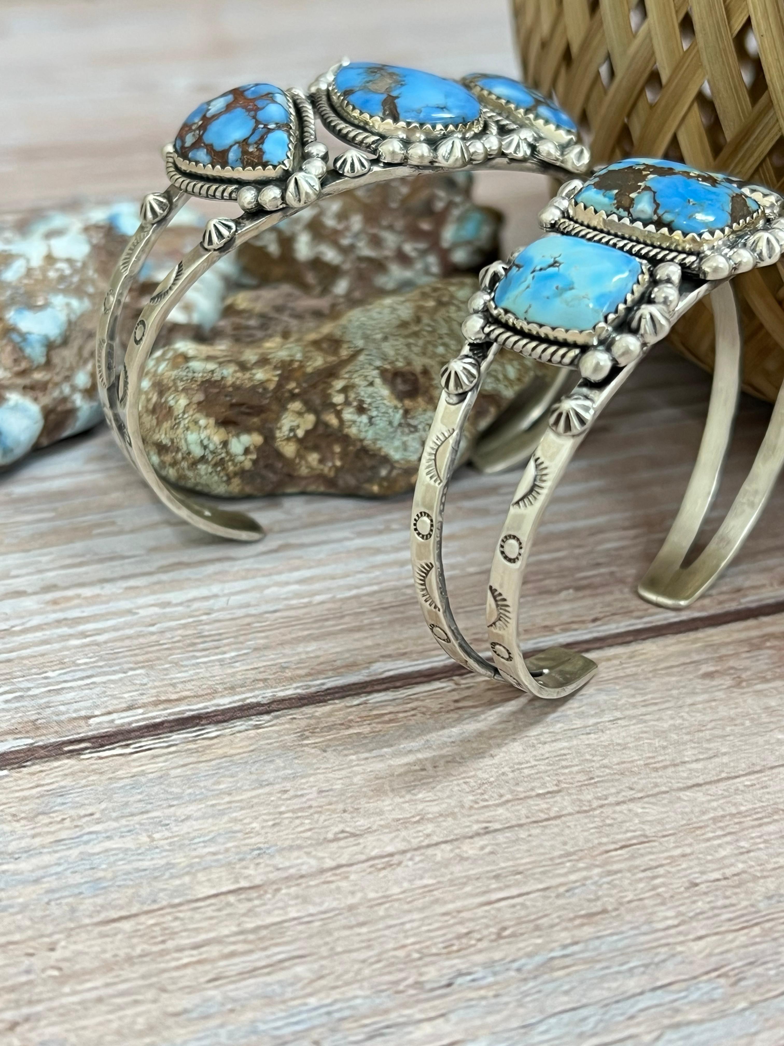 Handmade Sterling Silver Golden Hills Turquoise Cuff Bracelet with Signed Nizhoni /