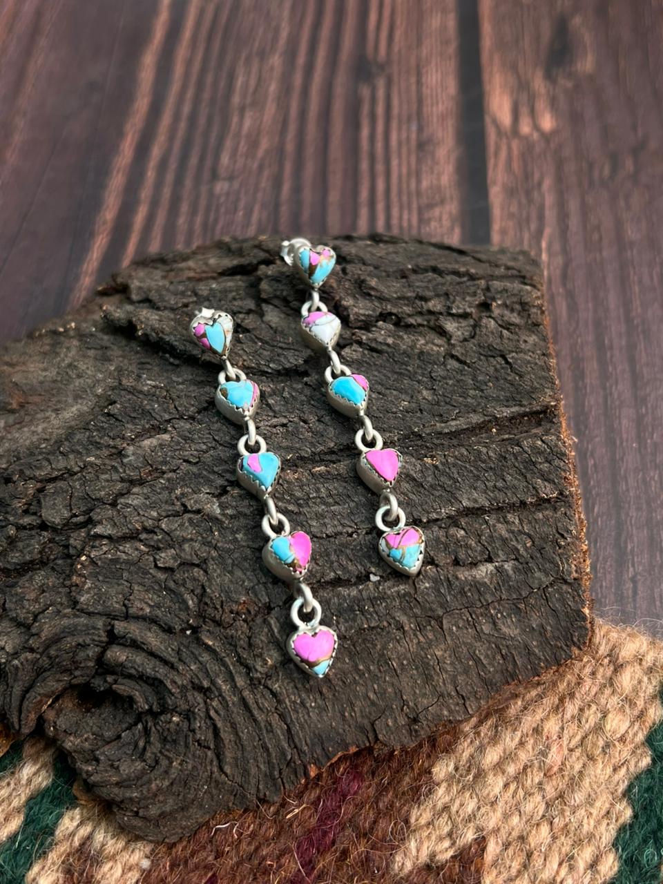 "Heart Collection" Handmade Sterling Silver Cotton Candy Post Dangle Earrings "Signed Nizhoni"