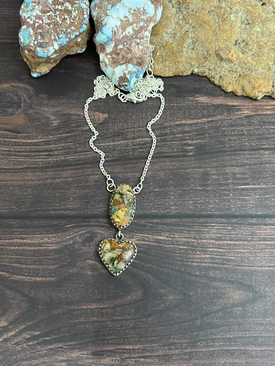 Handmade Sterling Silver Royston Turquoise Heart Necklace with Signed Nizhoni