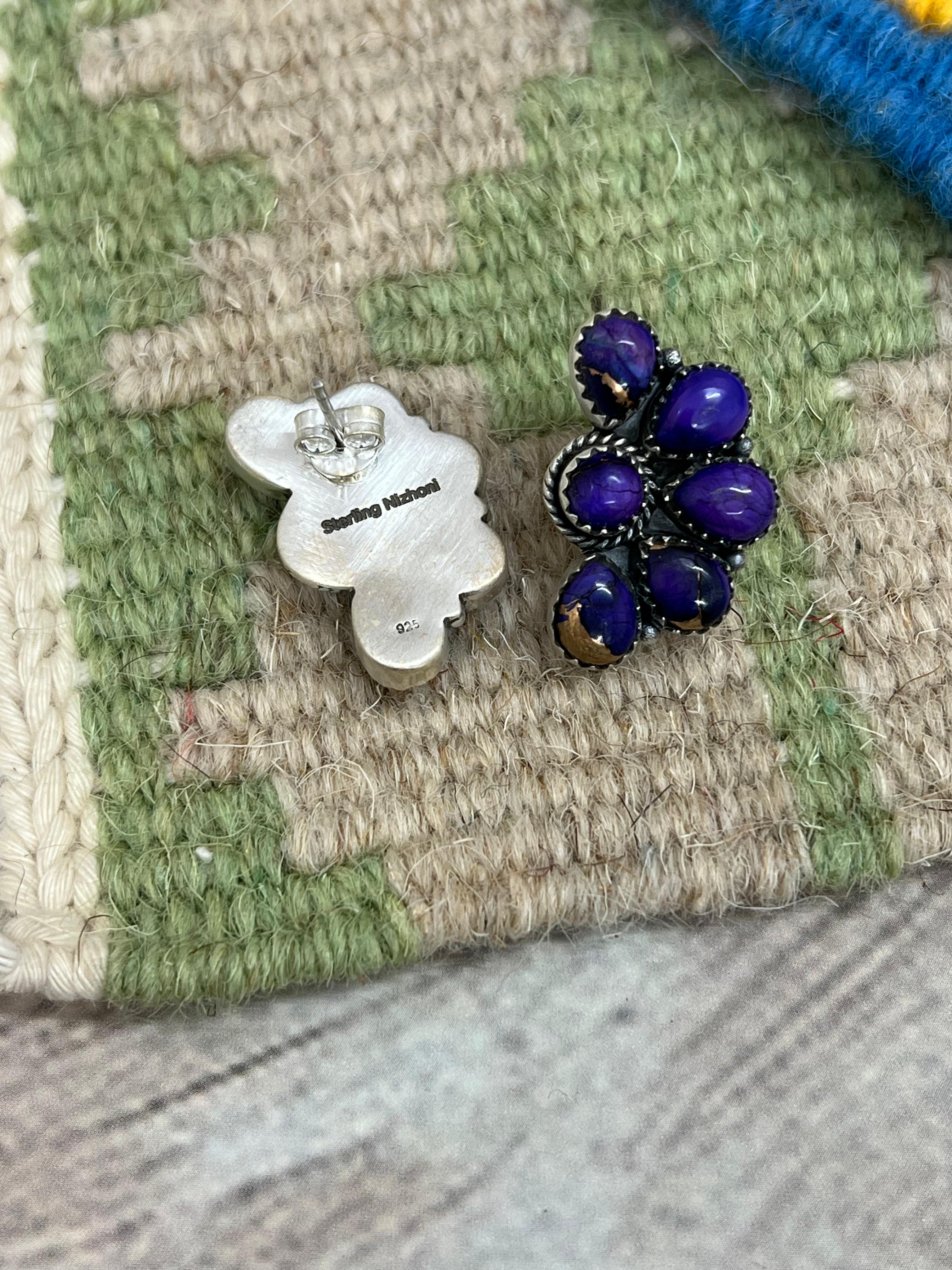Handmade Sterling Silver Grape Dahlia Post Studs with Signed Nizhoni