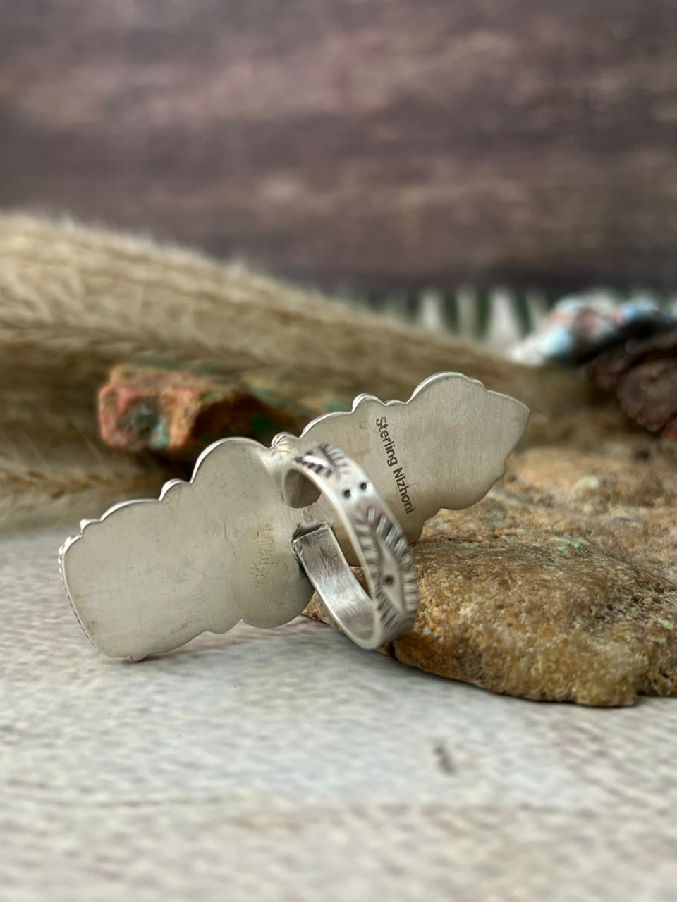 Handmade Sterling Silver Santa Maria Turquoise Adjustable Ring "Signed Nizhoni"