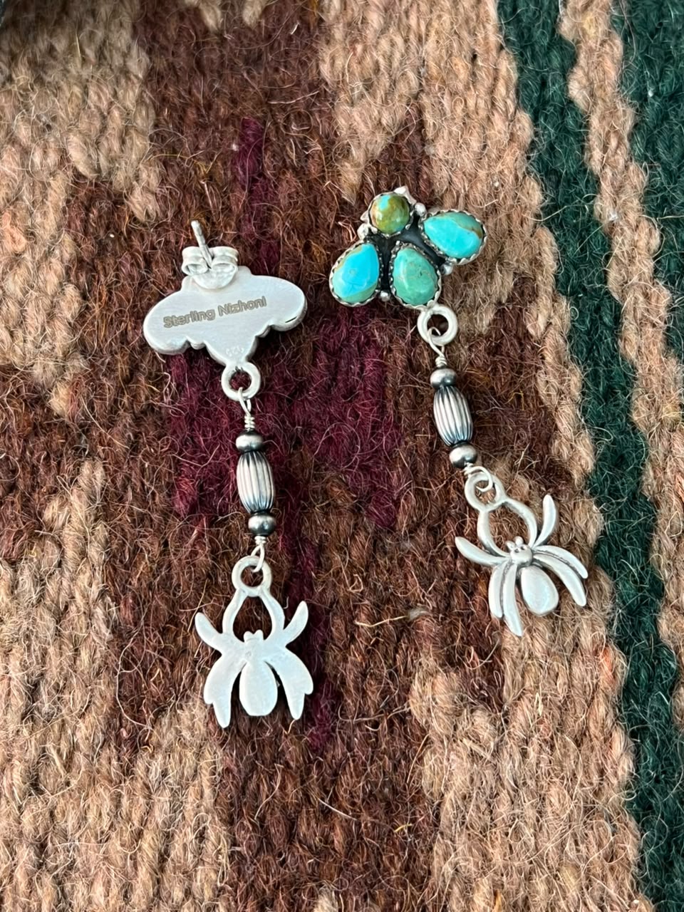Handmade Sterling Silver Kingman Turquoise Halloween Collection: Spider Post Dangle Earrings Signed Nizhoni