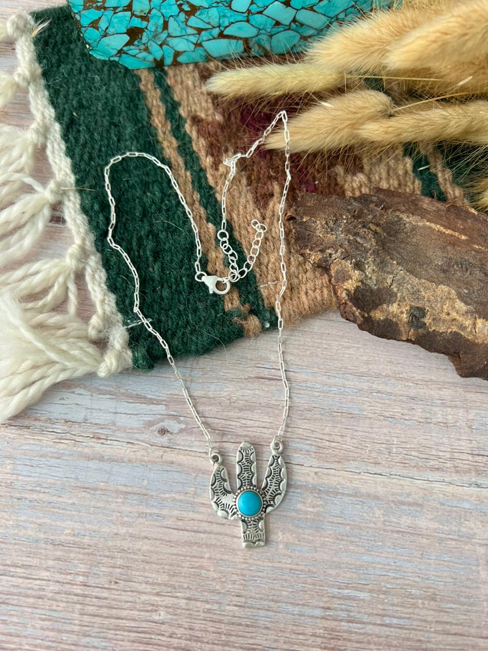 Handmade Sterling Silver Kingman Turquoise Cactus Necklace "Signed Nizhoni"
