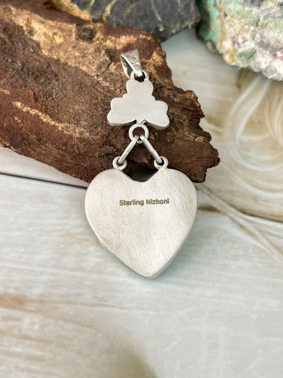Handmade Sterling Silver Kingman Turquoise with Cotton Candy Heart Pendant Signed Nizhoni