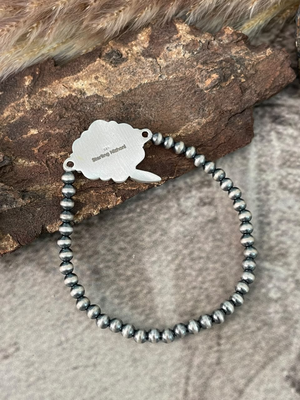 Handmade Sterling Silver Rosarita with Kingman Turquoise Cherry Stretchy Beaded Bracelet Signed Nizhoni