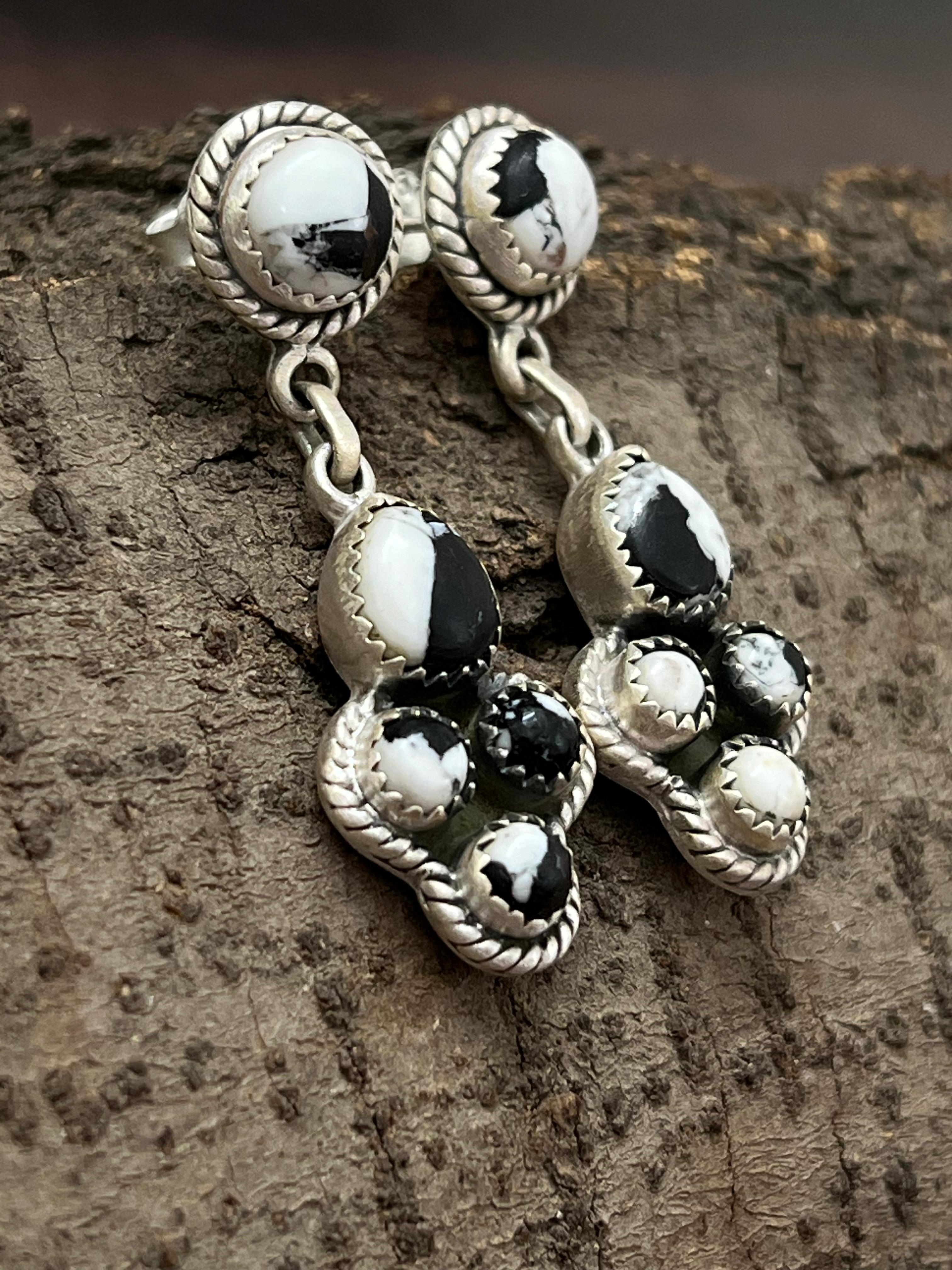 Handmade Sterling Silver White Buffalo Post Dangle Earrings with Signed Nizhoni (2)