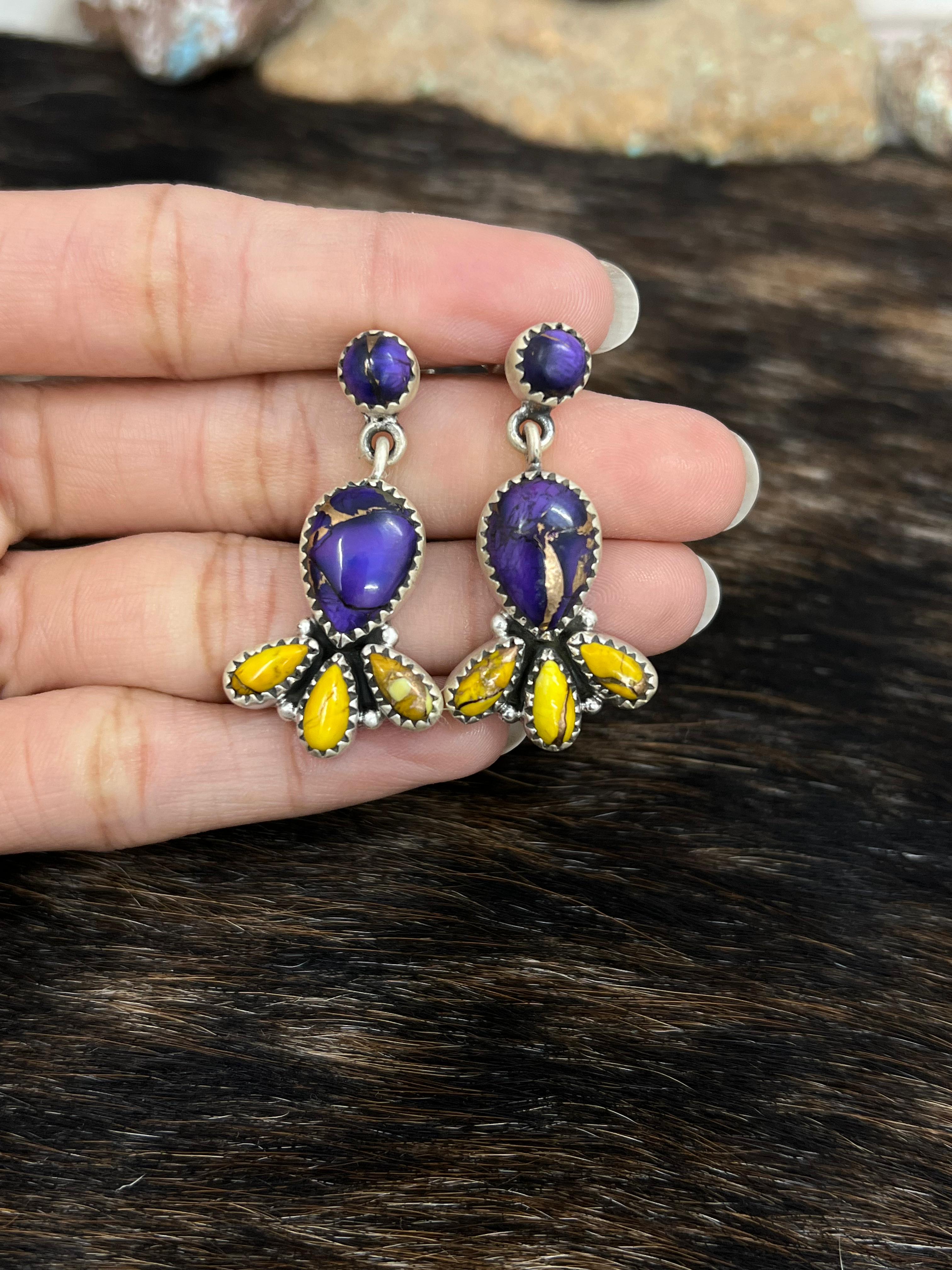 Handmade Sterling Silver Grape Dahlia With Honey Dahlia Post Studs with Signed Nizhoni