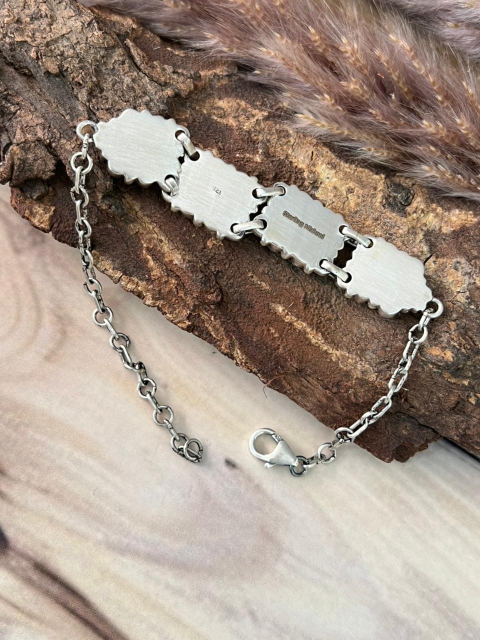 Handmade Sterling Silver Kingman Turquoise Chain Bracelet Signed Nizhoni (5)