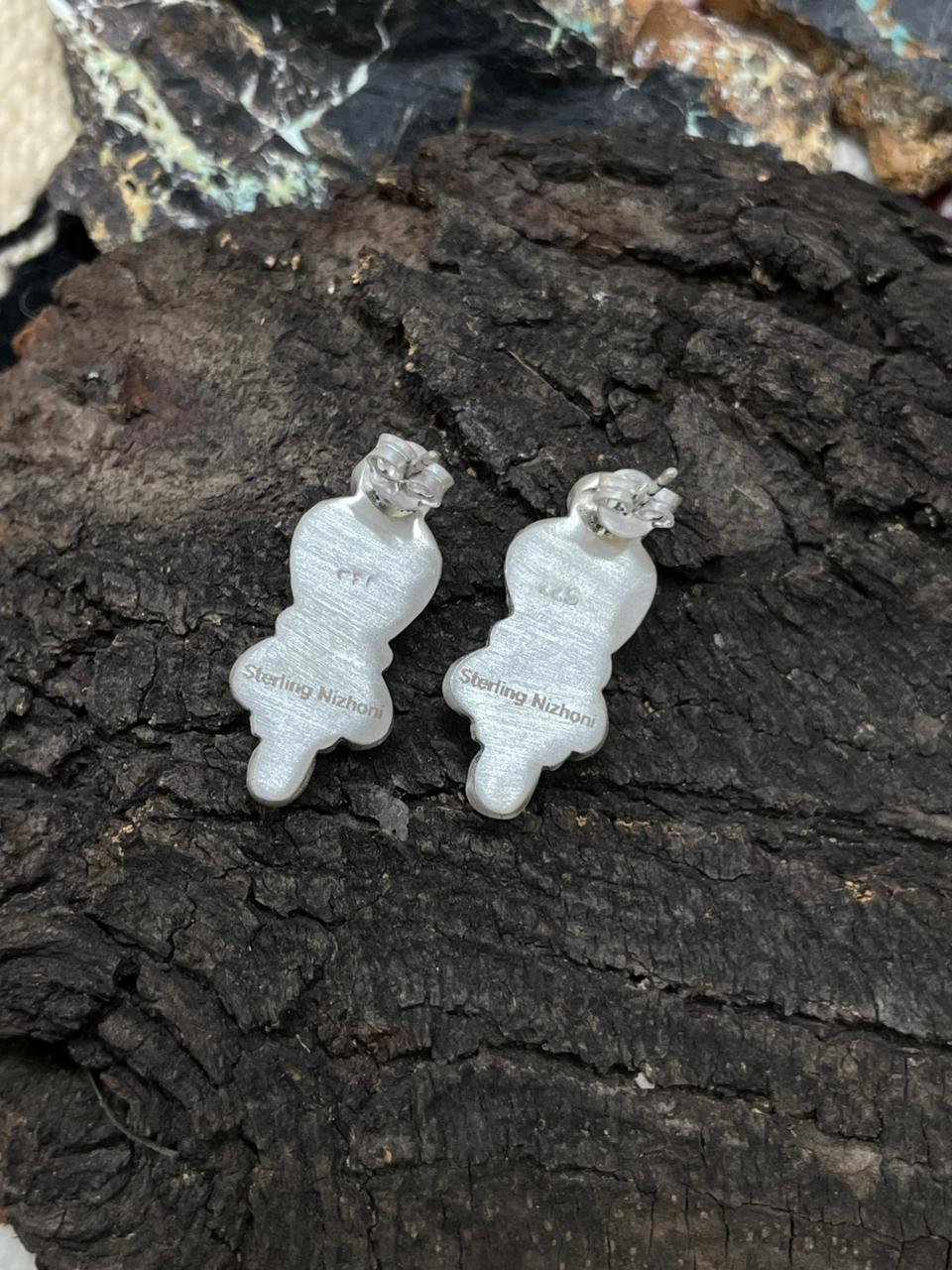 "Christmas Collection" Handmade Sterling Silver White Buffalo with Red Opal Studs Earrings "Signed Nizhoni"