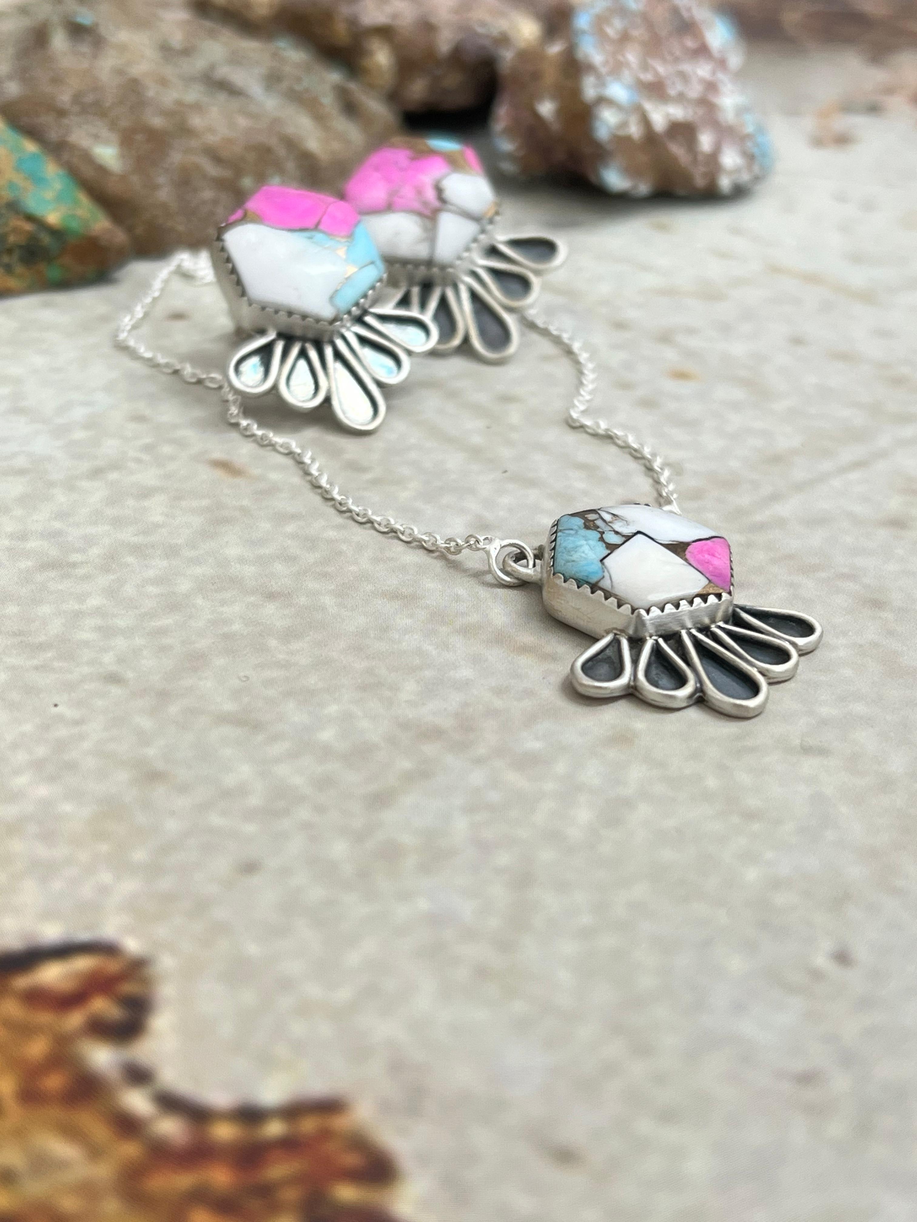 Handmade Sterling Silver Cotton Candy Necklace Earrings Set Signed Nizhoni (5)