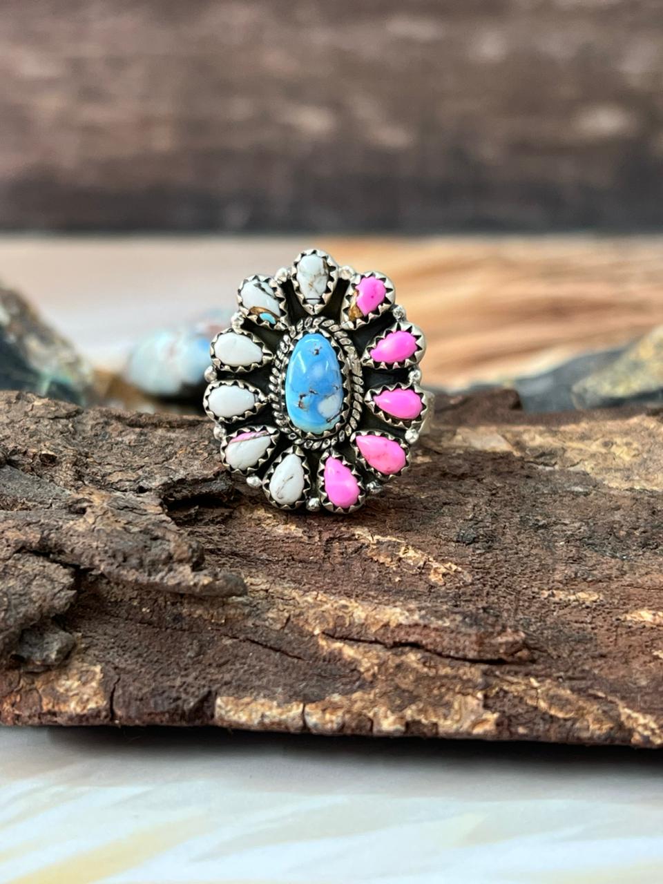 Handmade Sterling Silver Cotton Candy with Golden Hills Turquoise Adjustable Ring "Signed Nizhoni"