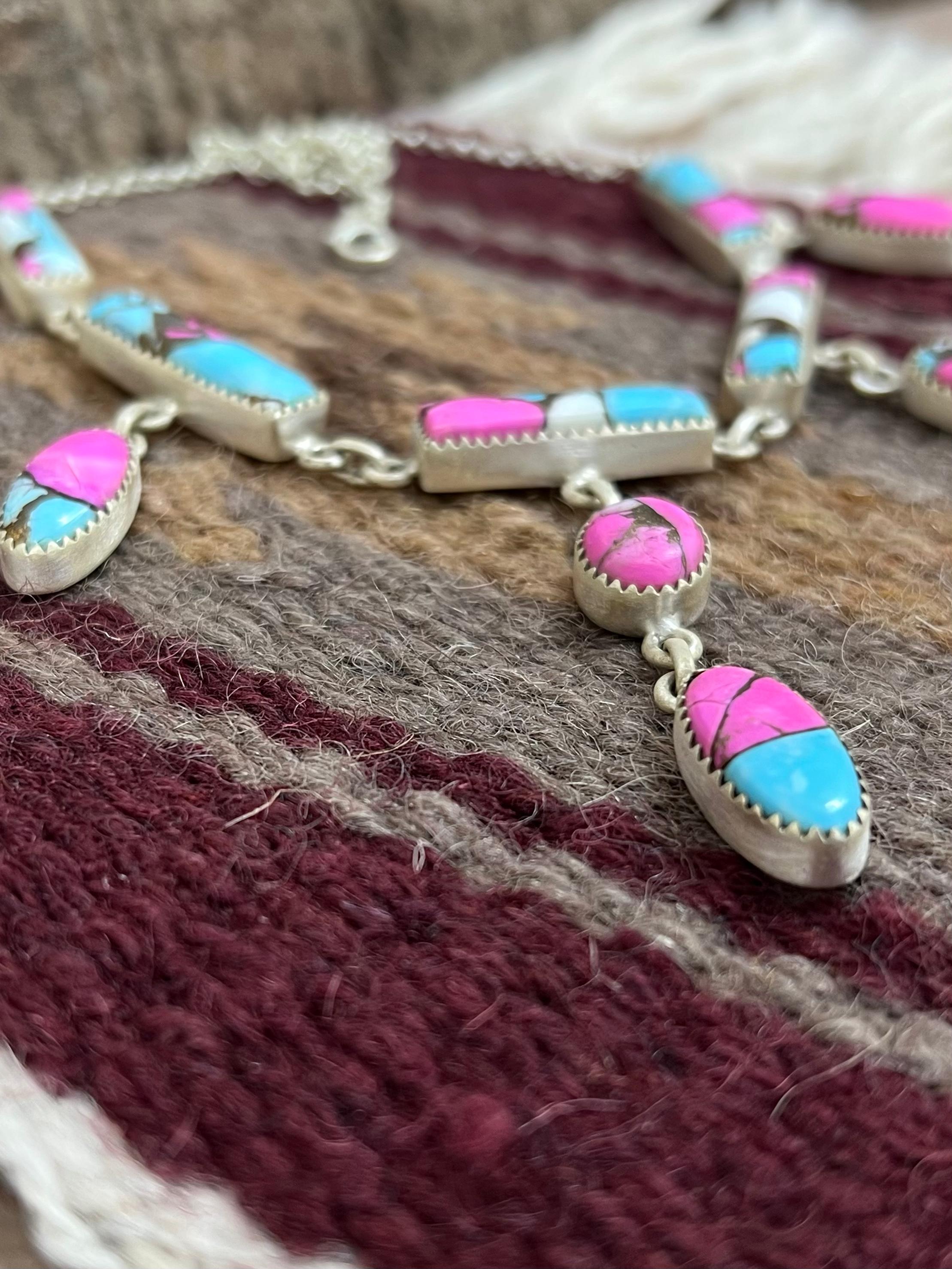 Handmade Sterling Silver Cotton Candy Turquoise Necklace with Signed Nizhoni