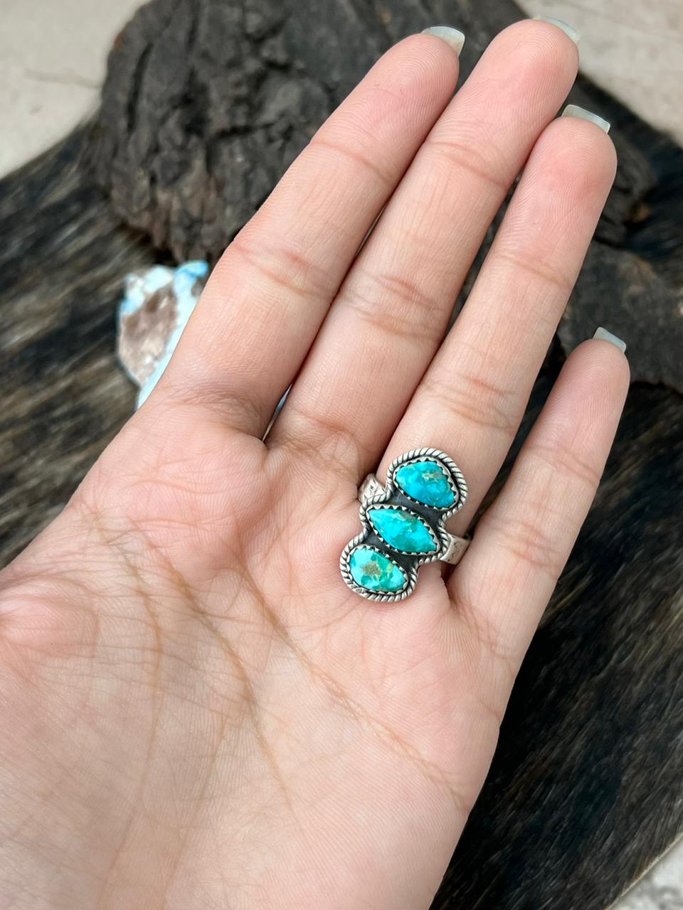 Handmade Sterling Silver Emerald Valley Turquoise Adjustable Ring "Signed Nizhoni"