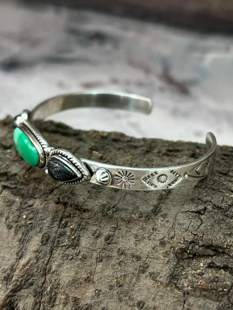 Handmade Sterling Silver Emerald Rose Cuff Bracelet "Signed Nizhoni"