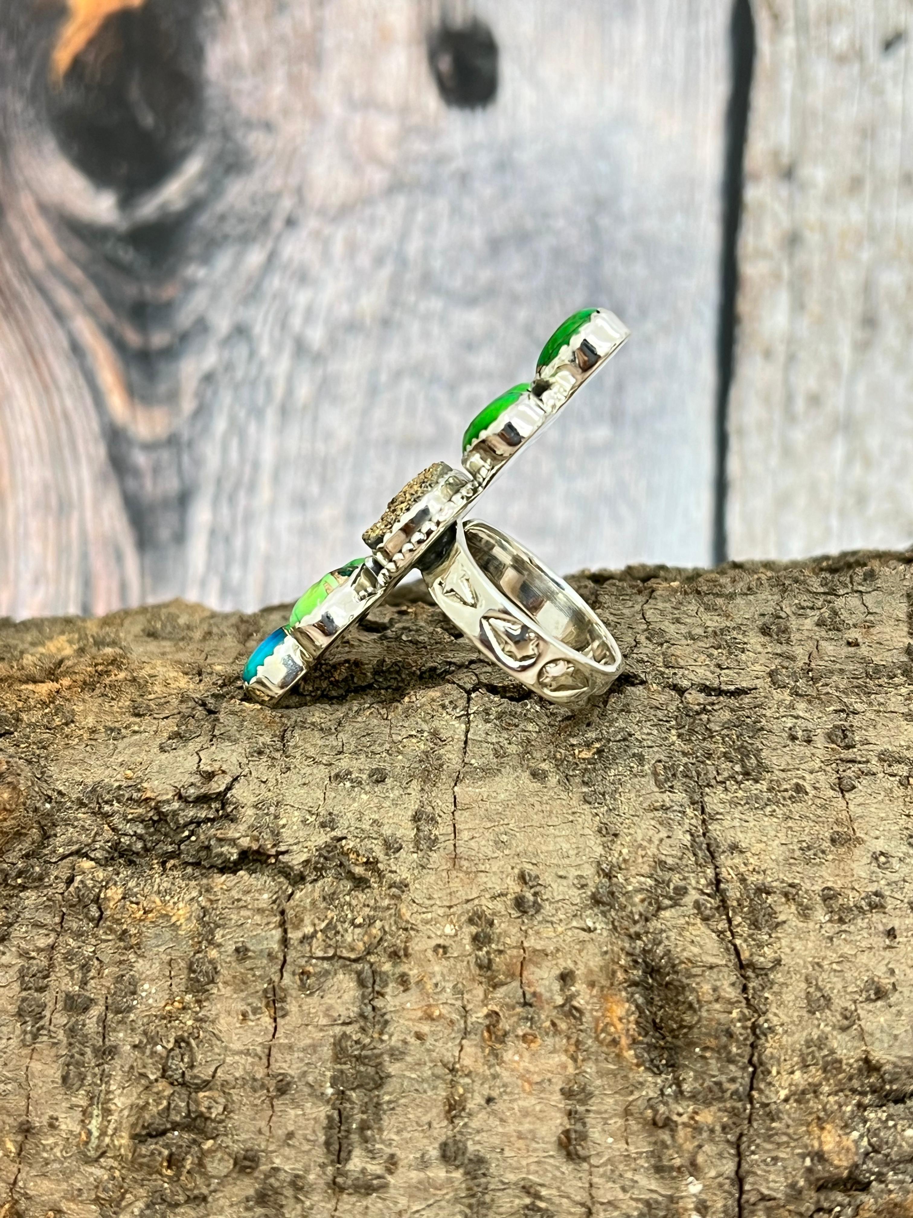 Handmade Sterling Silver Peacock Dahlia with Druzy Adjustable Ring with Signed Nizhoni