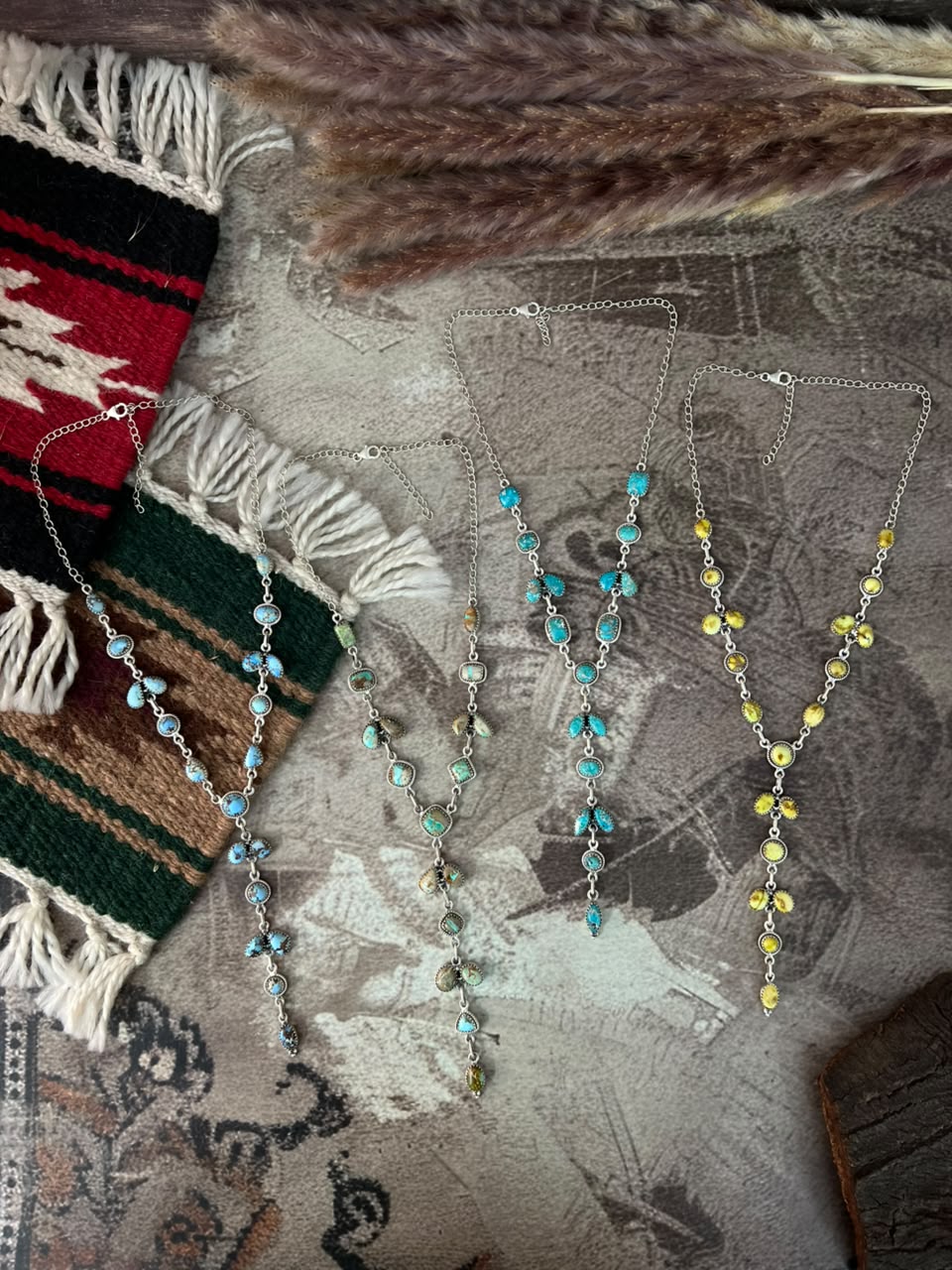 Handmade Sterling Silver White Water, Royston, Golden Hills and Palomino Turquoise Drop Necklace Signed Nizhoni