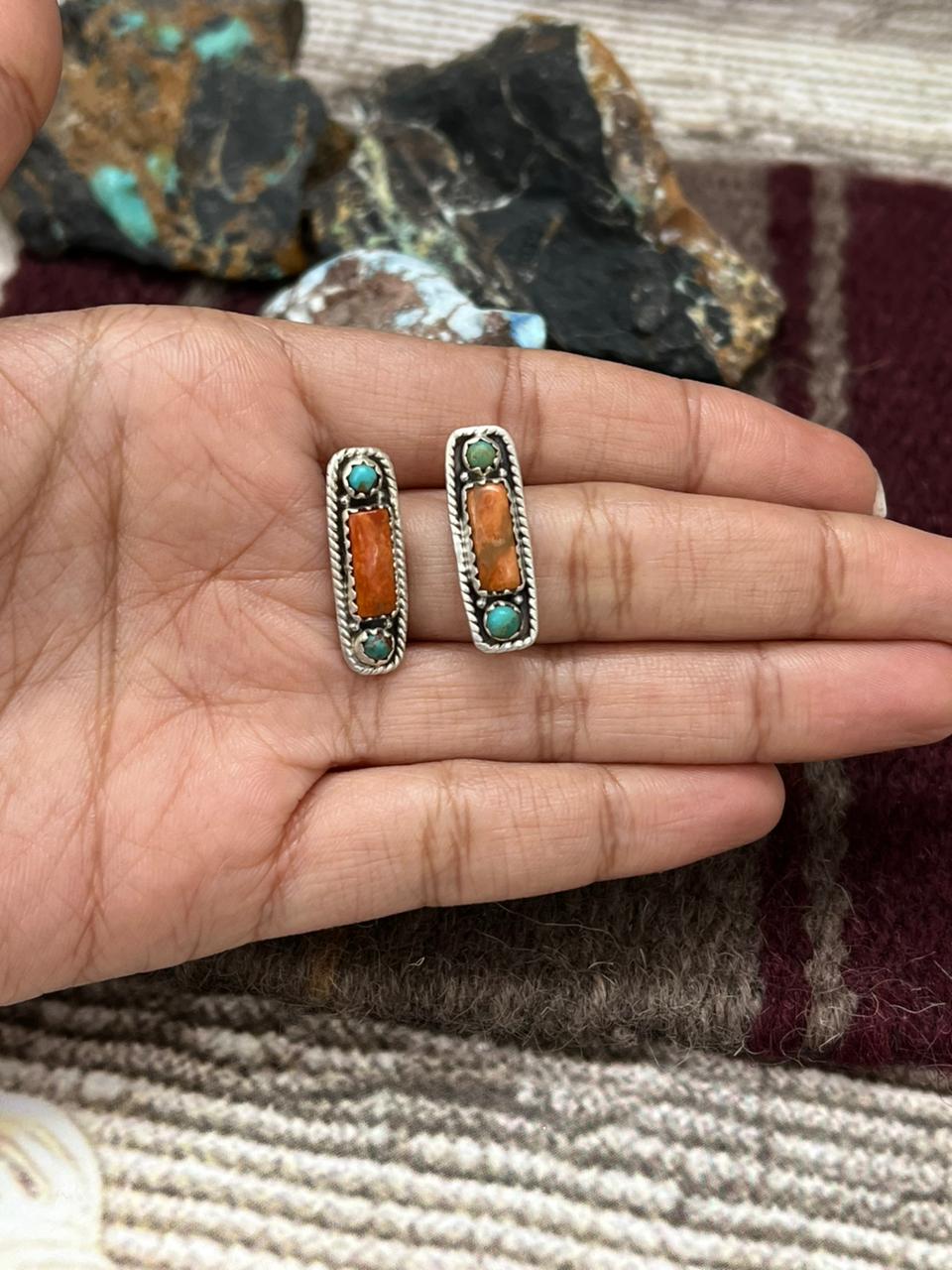 Handmade Sterling Silver Kingman with Orange Mohave Post Studs Earrings "Signed Nizhoni"