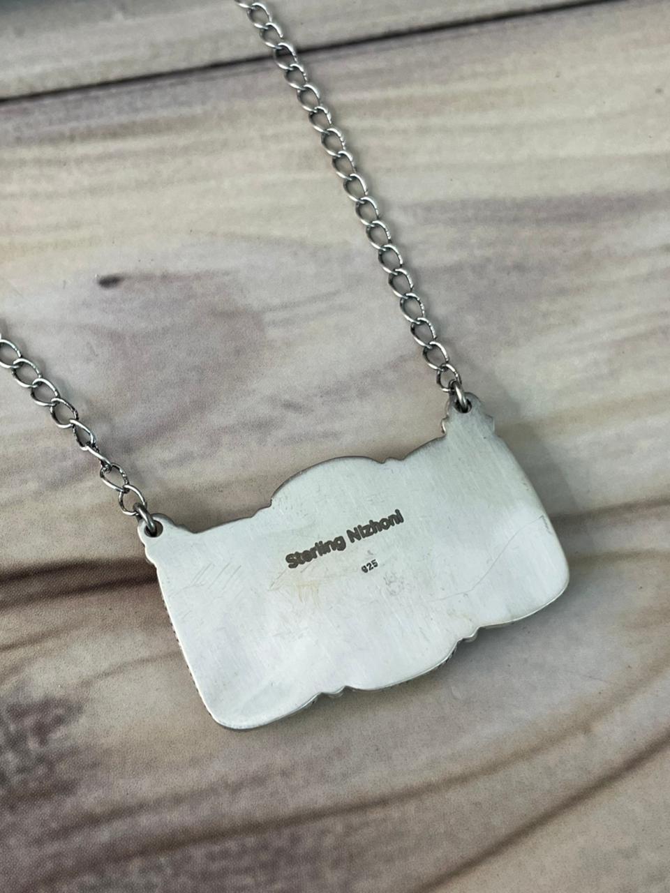 Handmade Sterling Silver Green Kingman Turquoise Collection: Necklace Signed Nizhoni
