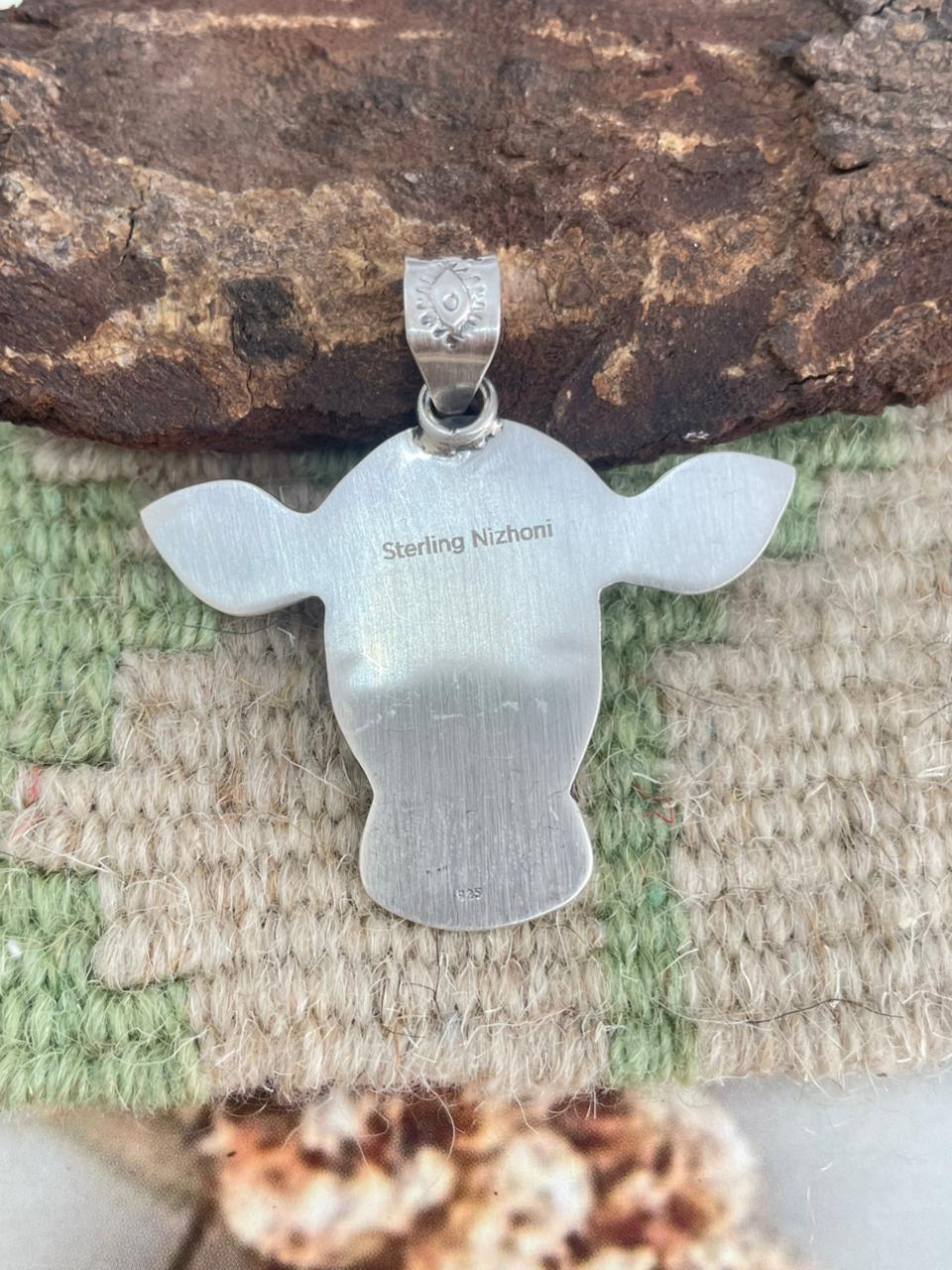 Handmade Sterling Silver Kingman Turquoise Bull Pendant "Signed Nizhoni"